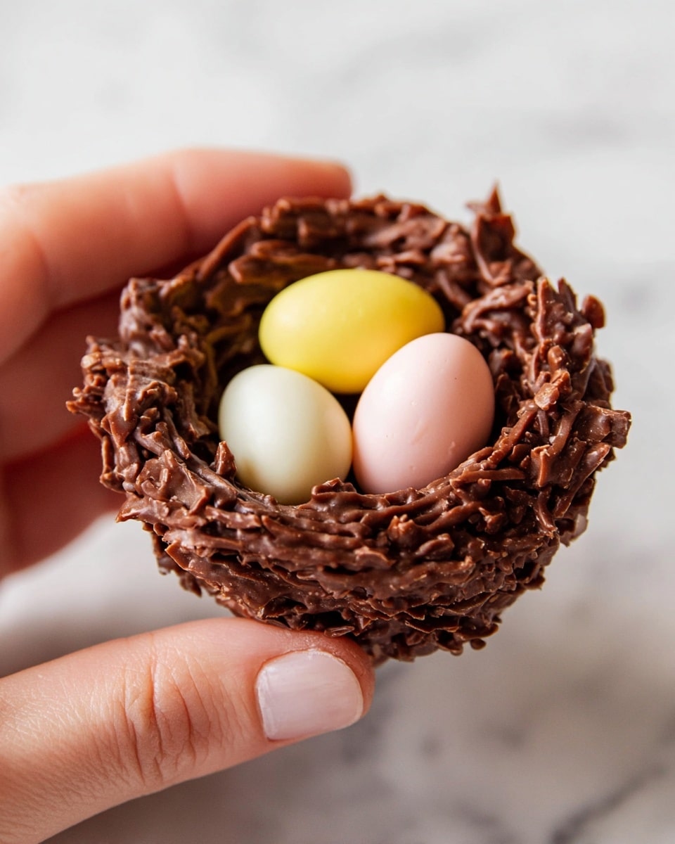 A close-up view of a small nest-shaped dessert held by a woman's hand, showing a rough, uneven outer layer made of dark chocolate mixed with crunchy pieces, giving a textured and glossy finish. Inside the nest, there are three smooth, oval candy eggs in pastel colors: one yellow, one white, and one pale pink, resting snugly in the middle. The background is a soft white marbled surface, keeping the focus on the rich chocolate nest and colorful eggs. photo taken with an iphone --ar 4:5 --v 7