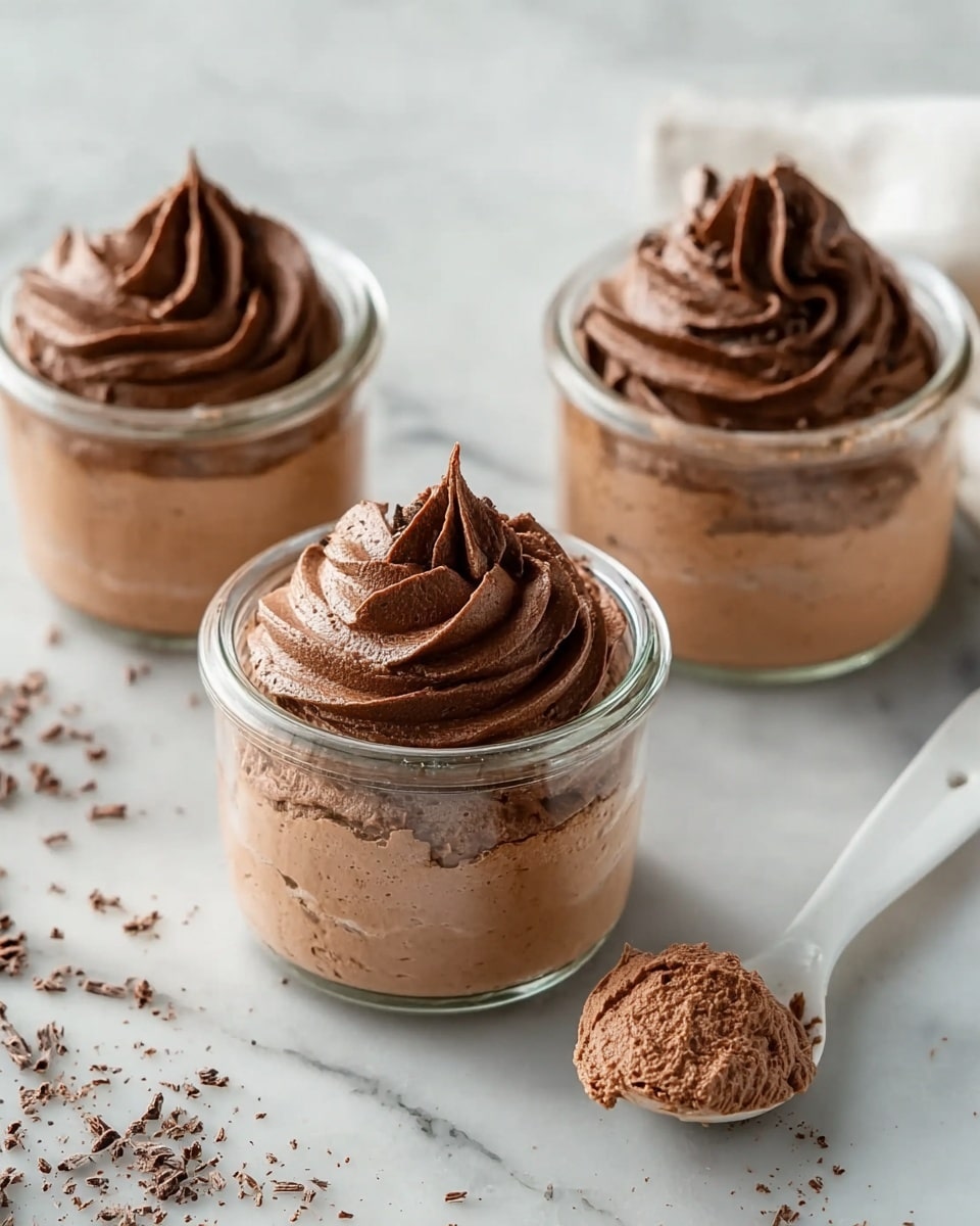 The image shows three small clear glass jars filled with two layers of chocolate mousse placed on a white marbled surface. Each jar has a lighter creamy chocolate mousse at the bottom, with a darker, thicker, and whipped chocolate mousse piped on top in decorative swirls. The jar in the front center has some mousse taken out, revealing the smooth inner layer beneath. Next to this jar is a white spoon holding a scoop of the darker mousse. There are small chocolate crumbs scattered lightly around the jars on the surface. Photo taken with an iphone --ar 4:5 --v 7