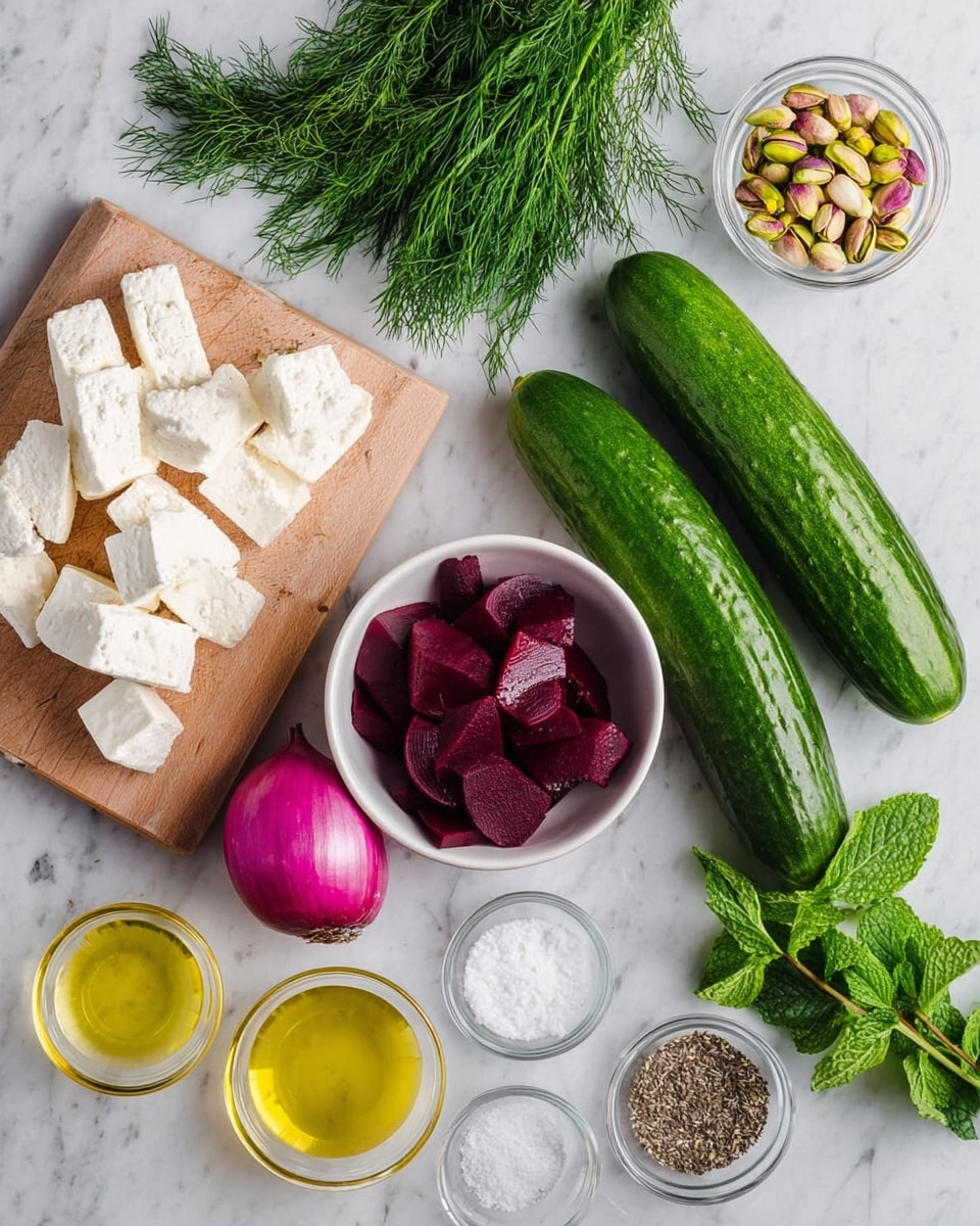 This image shows fresh ingredients on a white marbled surface arranged neatly. There are two long green cucumbers placed diagonally on the right side, next to fresh green mint leaves in the bottom right corner. Above the cucumbers is a small white bowl filled with dark red, sliced beets. Near the top left, there is a bunch of fresh dill with fine green leaves. A small wooden cutting board on the left holds white cheese cubes. Below the cheese, there is a purple-red onion. Between the cutting board and cucumbers, there are two small clear bowls, one with coarse salt and the other with ground pepper. Near the top center, two small clear bowls hold golden olive oil and pale yellow vinegar. A small bowl on the upper right contains pistachio nuts. The colors are fresh and bright, with a clear focus on natural textures and simplicity. photo taken with an iphone --ar 4:5 --v 7