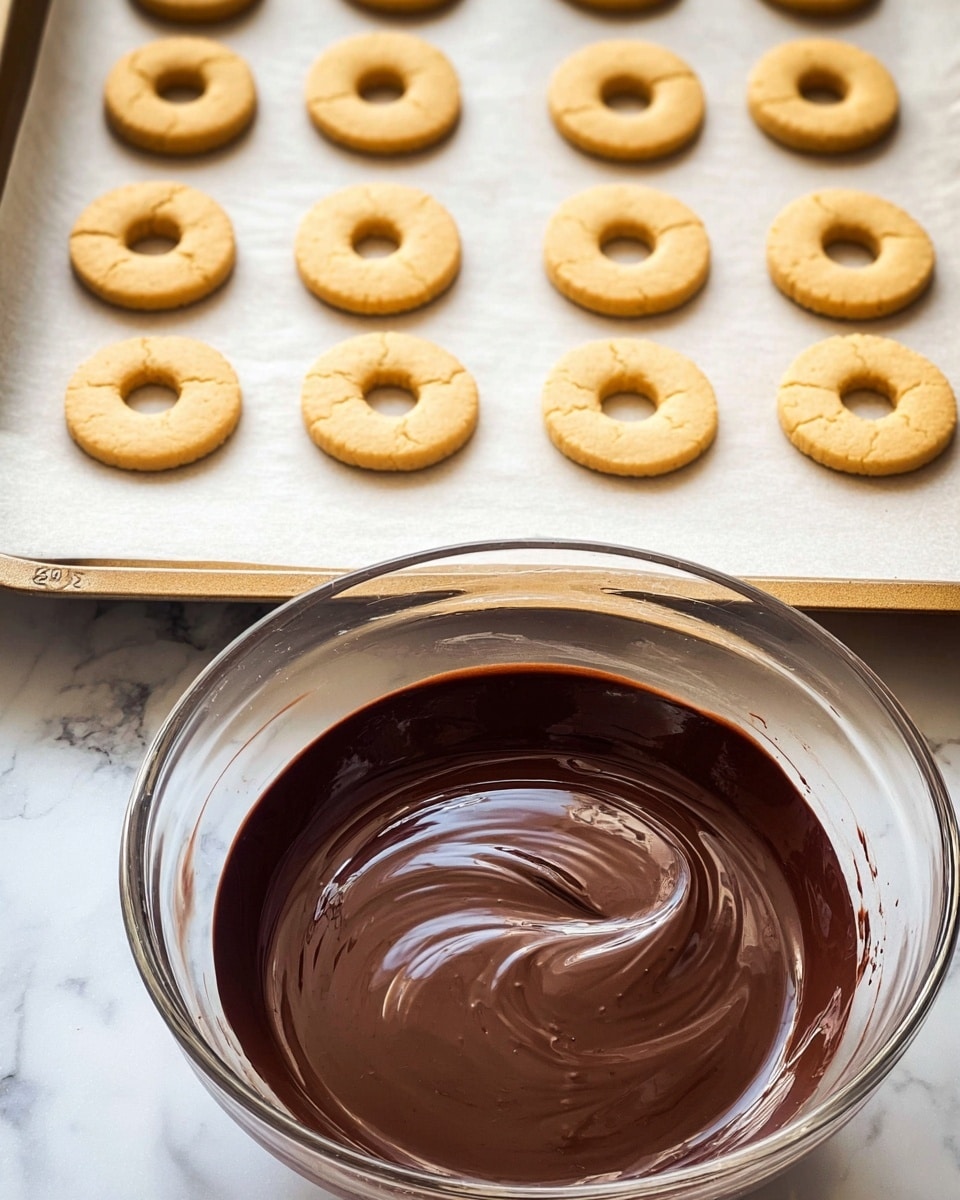 The image shows a baking scene with two main layers. The bottom layer has rows of light golden ring-shaped cookies with a smooth surface and small cracks, placed evenly on a baking tray lined with parchment paper. The top layer features a clear glass bowl filled with smooth, dark glossy chocolate, with visible swirls indicating it is being stirred. The background surface is a white marbled texture. photo taken with an iphone --ar 4:5 --v 7