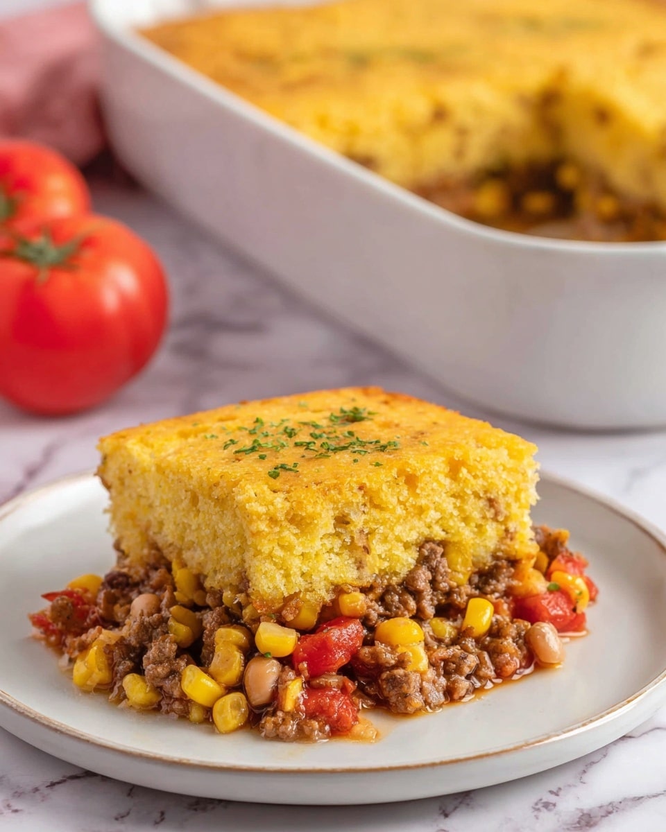 A slice of layered cornbread casserole sits on a white plate with a white marbled surface below. The bottom layer is a mix of cooked ground meat, yellow corn kernels, red diced tomatoes, and beans, creating a colorful, chunky texture. Above this is a thick, dense layer of golden-yellow cornbread with a slightly crumbly texture and a few green herb sprinkles on top. In the background, the casserole dish is visible filled with the same dish, showing a missing section. Red tomatoes are softly blurred further back. Photo taken with an iphone --ar 4:5 --v 7