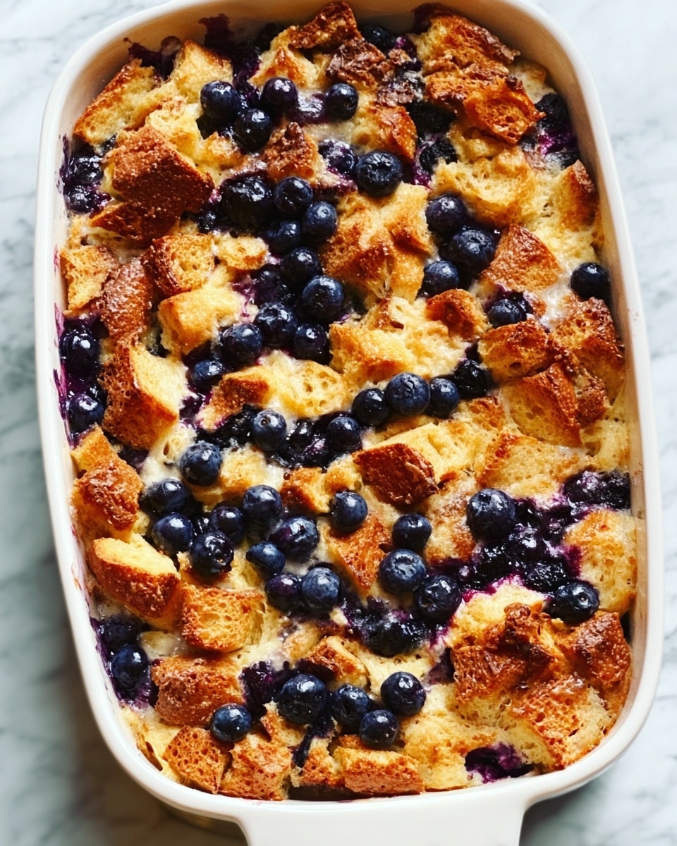The image shows a baking dish filled with a warm, golden-brown bread pudding topped with scattered, plump blueberries. The top layer is textured with crispy, toasted bread pieces that are light brown with some darker spots. The blueberries sit evenly across the surface, adding dark blue and purple bursts of color. The dish is placed on a white marbled surface. Photo taken with an iphone --ar 4:5 --v 7