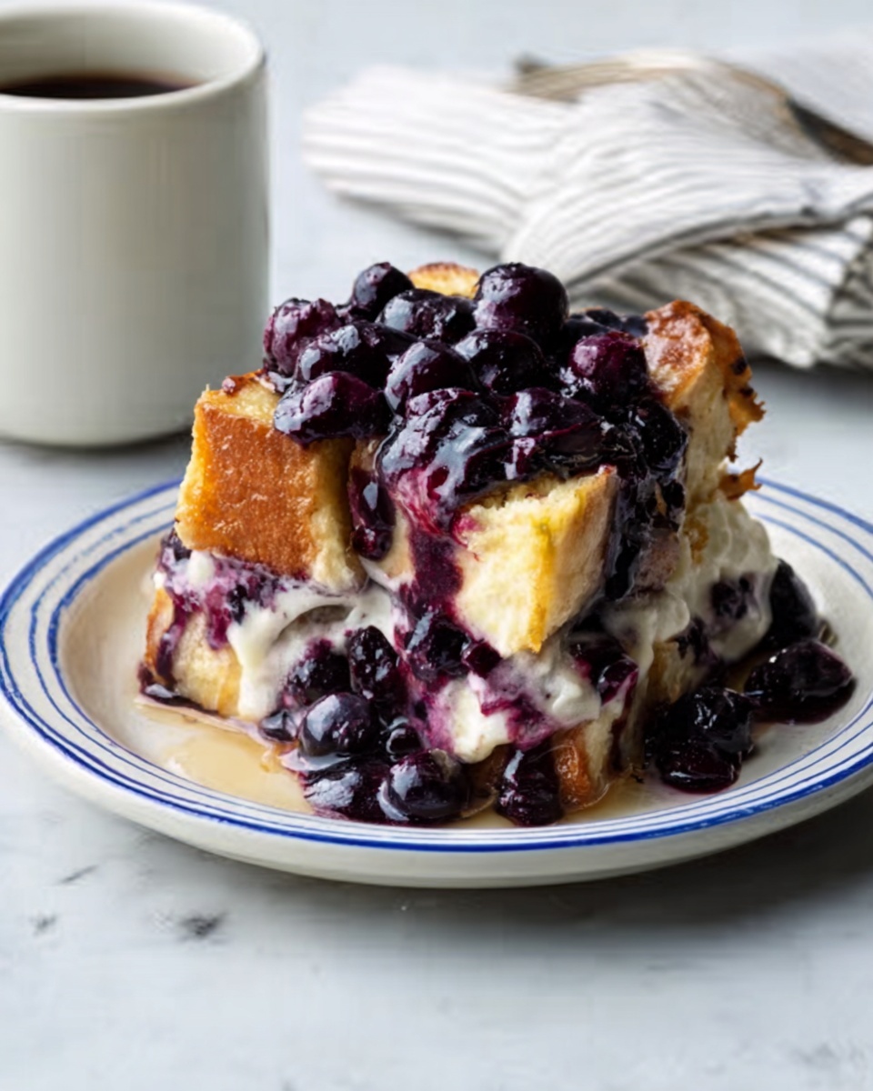 A white plate with a blue rim holds a layered dessert made of light golden bread pieces stacked unevenly. Mixed within the bread are creamy white layers suggesting a soft filling, and the top is covered generously with a shiny dark purple blueberry sauce that drips down the sides. The sauce has whole blueberries visible, adding texture and rich color contrast on the warm bread. The plate sits on a white marbled surface with a white cup and a bundle of white and gray striped napkins nearby. photo taken with an iphone --ar 4:5 --v 7