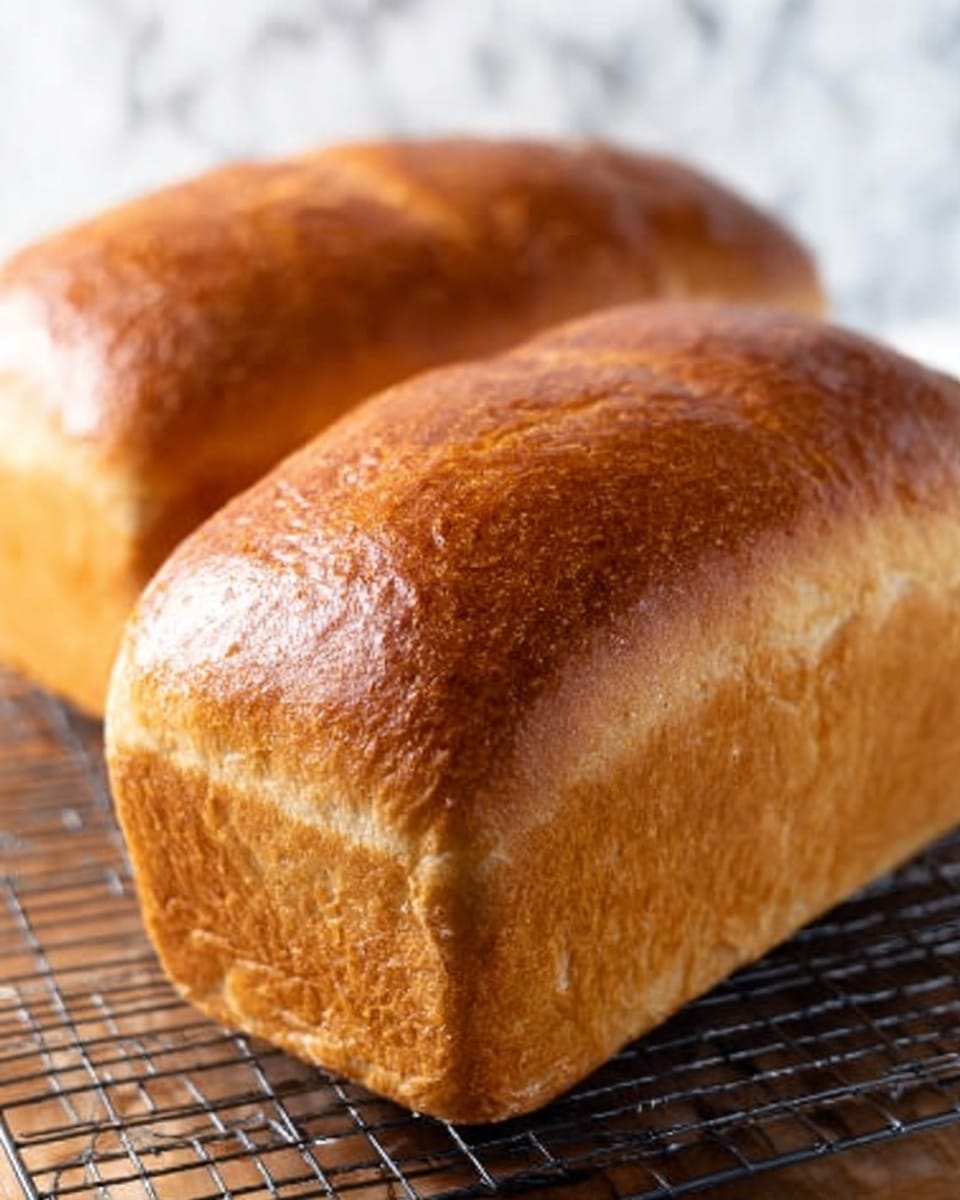 The image shows two golden brown loaves of bread resting on a wire rack. The loaves have a smooth, shiny crust with some slight uneven textures on top, and their edges are well-defined and rounded. The background has a white marbled texture, giving a clean and bright look to the scene. The wire rack beneath the bread is dark and contrasts with the light background and bread color. The photo is close-up, focusing on the loaves and showing their fresh baked quality clearly. photo taken with an iphone --ar 4:5 --v 7