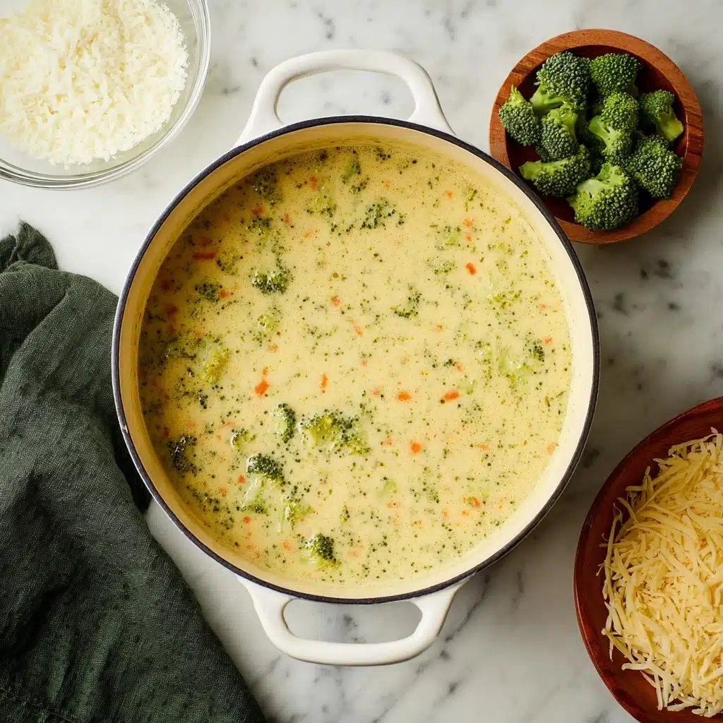 A creamy, pale yellow soup filled with finely chopped green broccoli pieces and occasional small orange carrot bits sits in a large white-handled pot on a marble surface. The texture looks smooth but with visible vegetable pieces suspended evenly throughout, forming a single thick layer. Around the pot, there is a small wooden bowl of raw broccoli florets, a glass bowl of white cottage cheese, and a plate with shredded pale yellow cheese, all arranged neatly. A dark green cloth lies to the left of the pot, adding a cozy touch. photo taken with an iphone