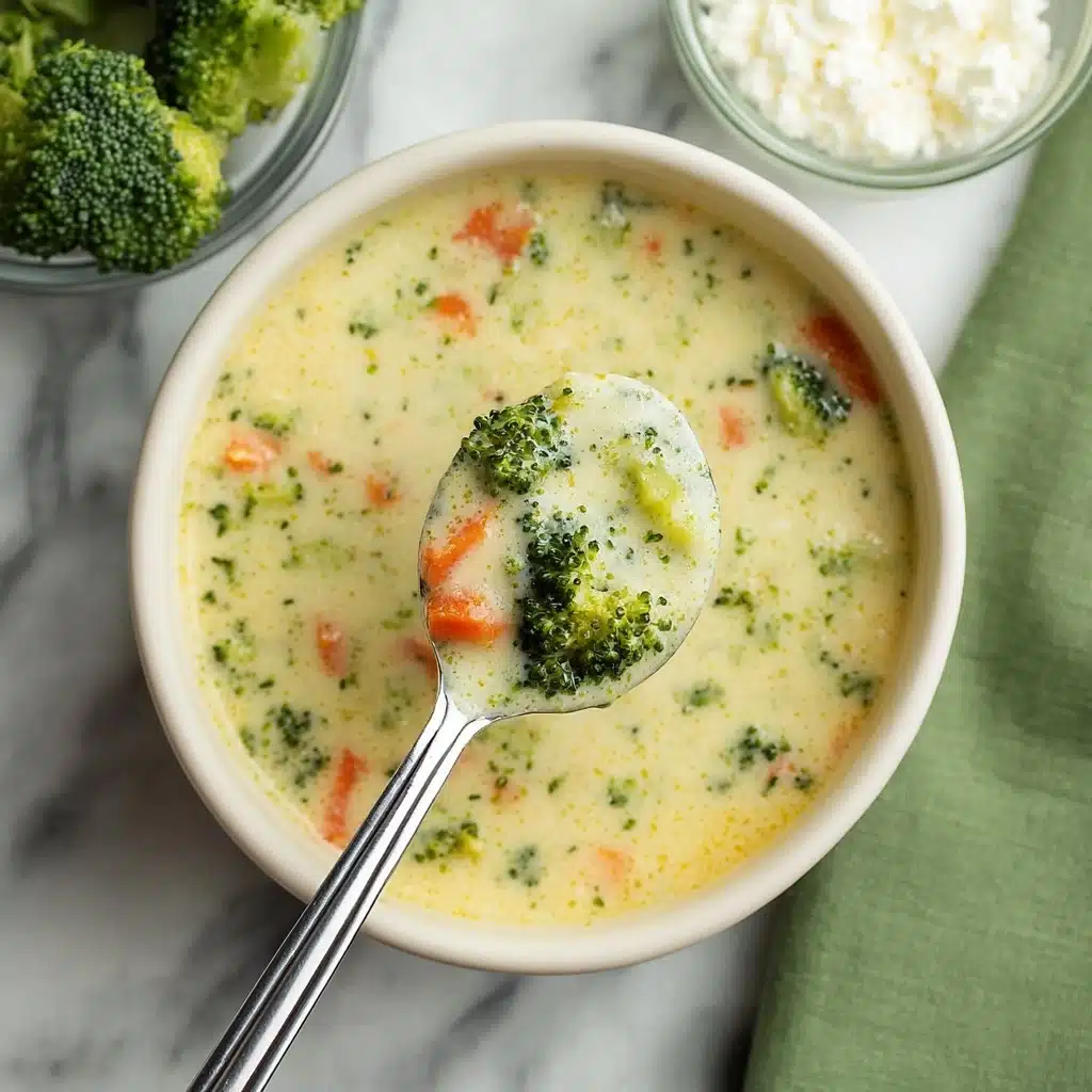 A creamy, thick soup fills a white ceramic bowl, featuring finely chopped bright green broccoli and small, round slices of orange carrot dispersed evenly throughout a smooth, pale yellow base dotted with tiny specks of green and orange. The texture is velvety with visible chunks of vegetables, and a metal spoon lifts out a scoop showing the soup’s consistency and a closer view of the colorful ingredients. Around the bowl on a white marble surface are pieces of raw broccoli, a green cloth napkin, and a glimpse of a glass bowl holding white cottage cheese. photo taken with an iphone