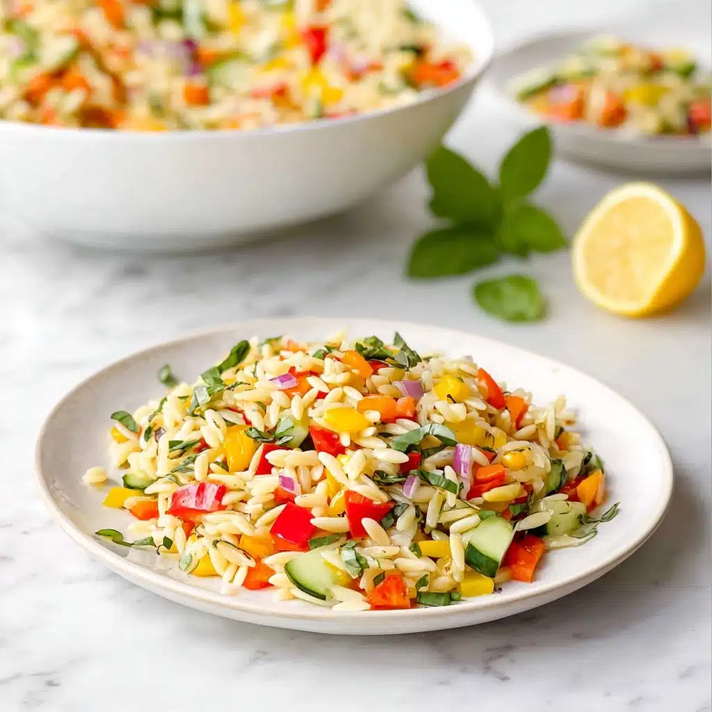 A vibrant orzo pasta salad is arranged in a loose mound on a white plate, with visible small, rice-shaped orzo pieces forming the main texture. Diced red bell peppers, yellow bell peppers, bright orange carrot pieces, tiny cucumber cubes, and tender corn kernels are evenly scattered throughout the mixture, adding pops of red, yellow, orange, green, and golden color. Chopped fresh herbs give touches of dark green, while fine pieces of red onion offer a hint of purple. Everything is tossed together in a single mixed layer, creating a colorful, fresh, and slightly glossy appearance with crisp vegetable textures throughout, all atop a simple white plate on a marble countertop. In the background, a large white bowl filled with more of the salad sits, along with a half lemon and basil sprig, suggesting freshness and flavor. photo taken with an iphone