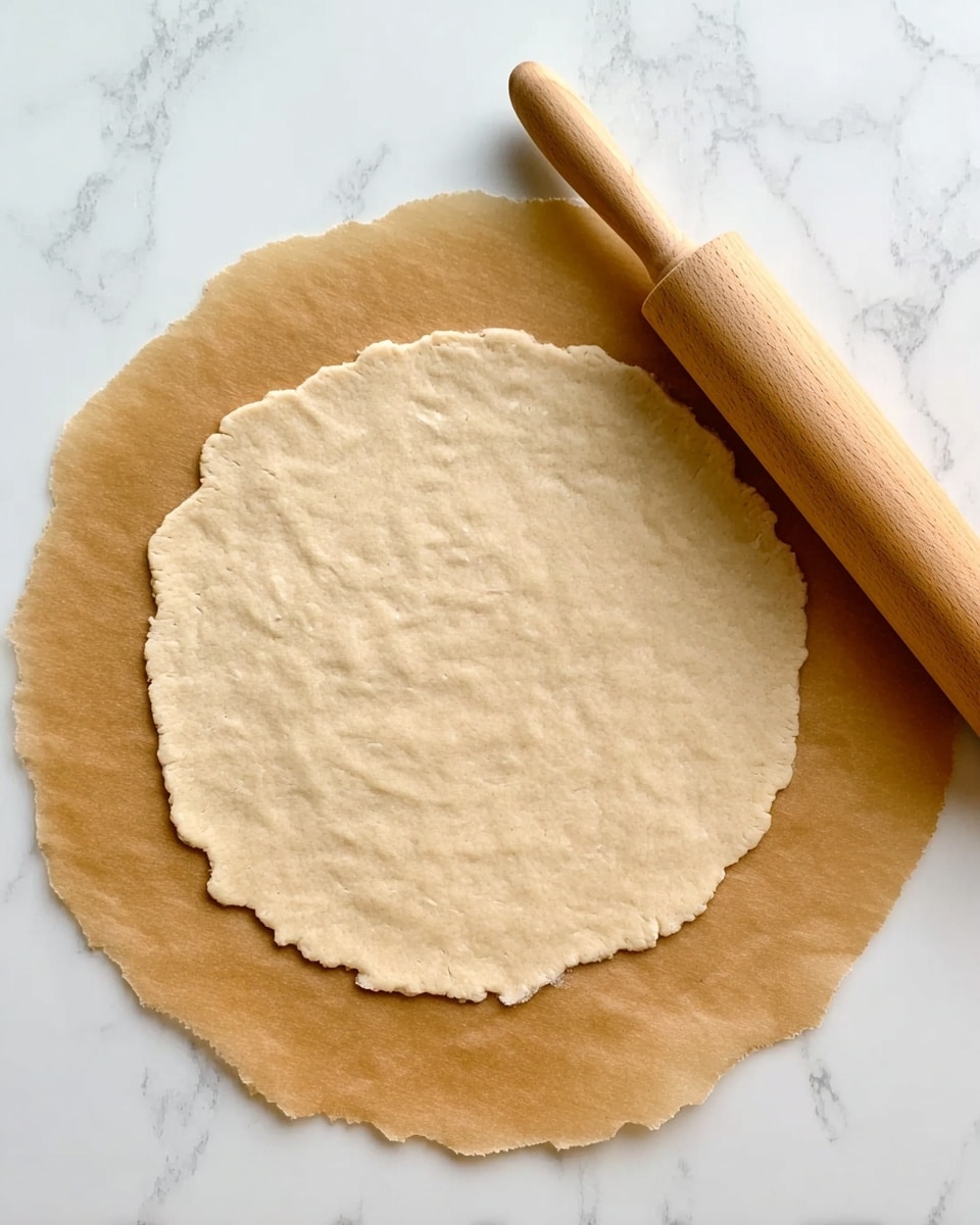 The image shows a flat, round dough sheet with uneven edges resting on light brown parchment paper. The dough has a pale beige color with a smooth, slightly textured surface. A wooden rolling pin with a light finish is placed diagonally at the top right corner on the parchment paper. The background is a white marbled surface. Photo taken with an iphone --ar 4:5 --v 7
