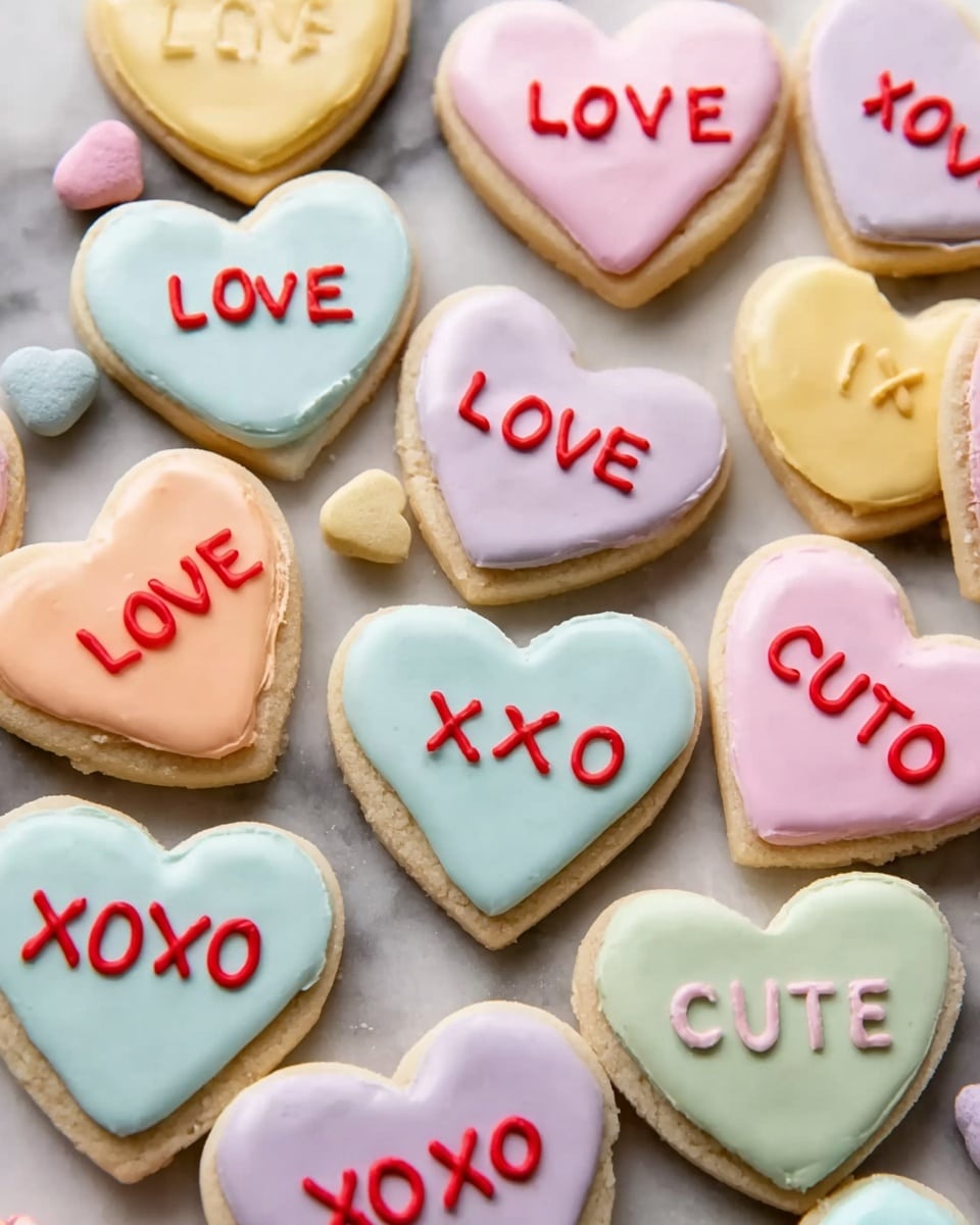 The image shows many heart-shaped cookies arranged close together on a white marbled surface. Each cookie has two layers: the base cookie is beige with a smooth texture, and the top layer is a thick coating of pastel-colored icing in colors like light blue, pale yellow, soft pink, peach, and mint green. On top of the icing, there are simple red words written in block letters such as