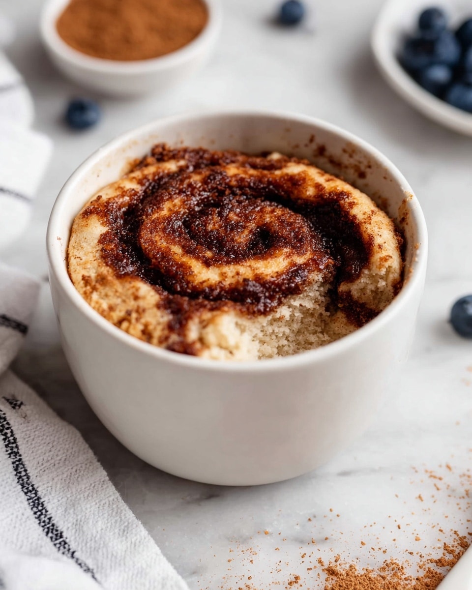 A white ceramic mug filled with a soft cinnamon roll cake, showing two main layers: a light beige fluffy cake base with a crumbly texture, and a thick swirl of dark brown cinnamon sugar topping with a rough texture that spirals from the center to the edges. Some of the cinnamon topping has melted slightly into the cake. The mug sits on a white marbled surface, with a white cloth with black stripes nearby and a small white bowl of cinnamon powder blurred in the background, along with a few scattered blueberries. photo taken with an iphone --ar 4:5 --v 7