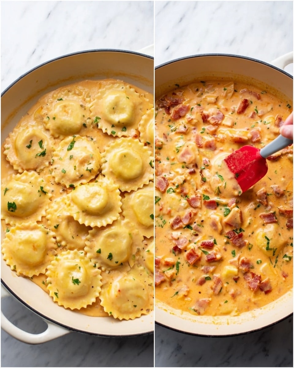 A white pan sits on a white marbled surface holding two stages of a ravioli dish. The left side shows a layer of round ravioli with crimped edges, pale yellow in color, placed over a thick, light orange creamy sauce with small chunks visible. A woman's hand holding a red spatula is partially visible, stirring the ravioli gently. The right side shows the same dish fully mixed and cooked; the ravioli now covered in the same thick orange sauce, dotted with pieces of cooked bacon and small green parsley leaves scattered on top. The texture looks smooth and creamy with lightly browned bits. Photo taken with an iphone --ar 4:5 --v 7