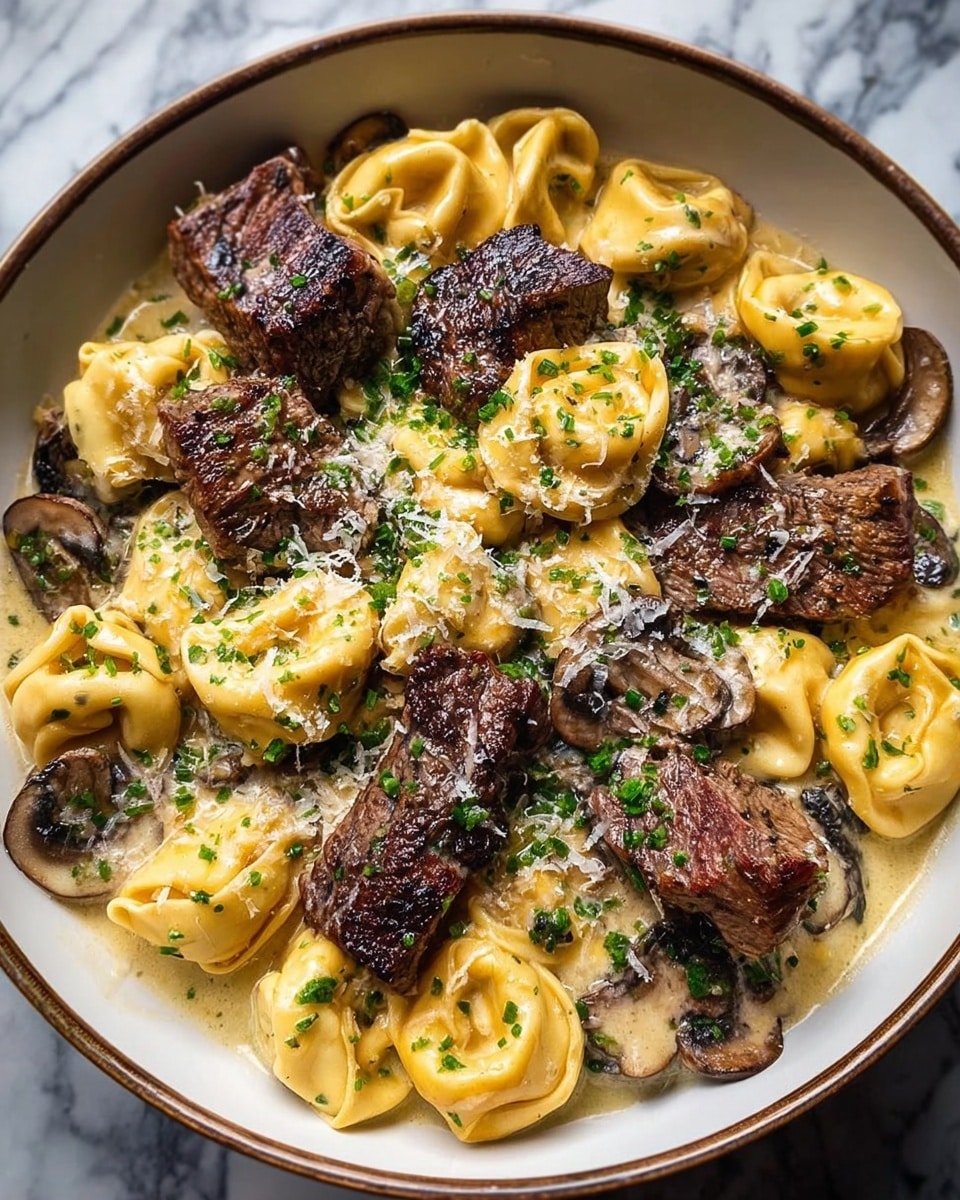A bowl of pasta with four distinct layers: the bottom layer is smooth, creamy light yellow sauce, topped with round, stuffed tortellini pasta pieces that are pale yellow with a soft texture; scattered among the pasta are medium-sized slices of browned mushrooms with dark, slightly shiny surfaces; large chunks of dark brown grilled meat with a charred texture sit on top, adding depth; the dish is finished with a sprinkle of chopped green herbs and finely grated pale cheese on all layers, in a white bowl on a white marbled texture. photo taken with an iphone --ar 4:5 --v 7