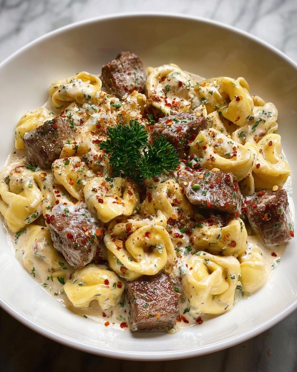 A white bowl filled with several yellow tortellini pasta pieces covered in a creamy white sauce mixed with small green herb flakes. Scattered on top are medium-sized browned meat pieces with a slightly crispy texture. The dish is sprinkled with grated cheese, red pepper flakes, and more herbs. A small bunch of fresh green parsley sits right in the middle as a garnish. The bowl is set on a white marbled surface. photo taken with an iphone --ar 4:5 --v 7