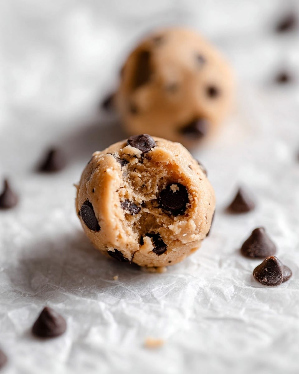The image shows a close-up of two small raw cookie dough balls with chocolate chips, placed on a white marbled surface covered with white crinkled parchment paper. The front dough ball is bitten, revealing a soft and slightly rough inside texture with scattered dark chocolate chips. The second dough ball is whole and out of focus in the background. Around them, loose chocolate chips are scattered on the parchment, adding small dark spots in the image. The overall color scheme includes light beige dough and dark brown chocolate chips with a soft natural light. photo taken with an iphone --ar 4:5 --v 7