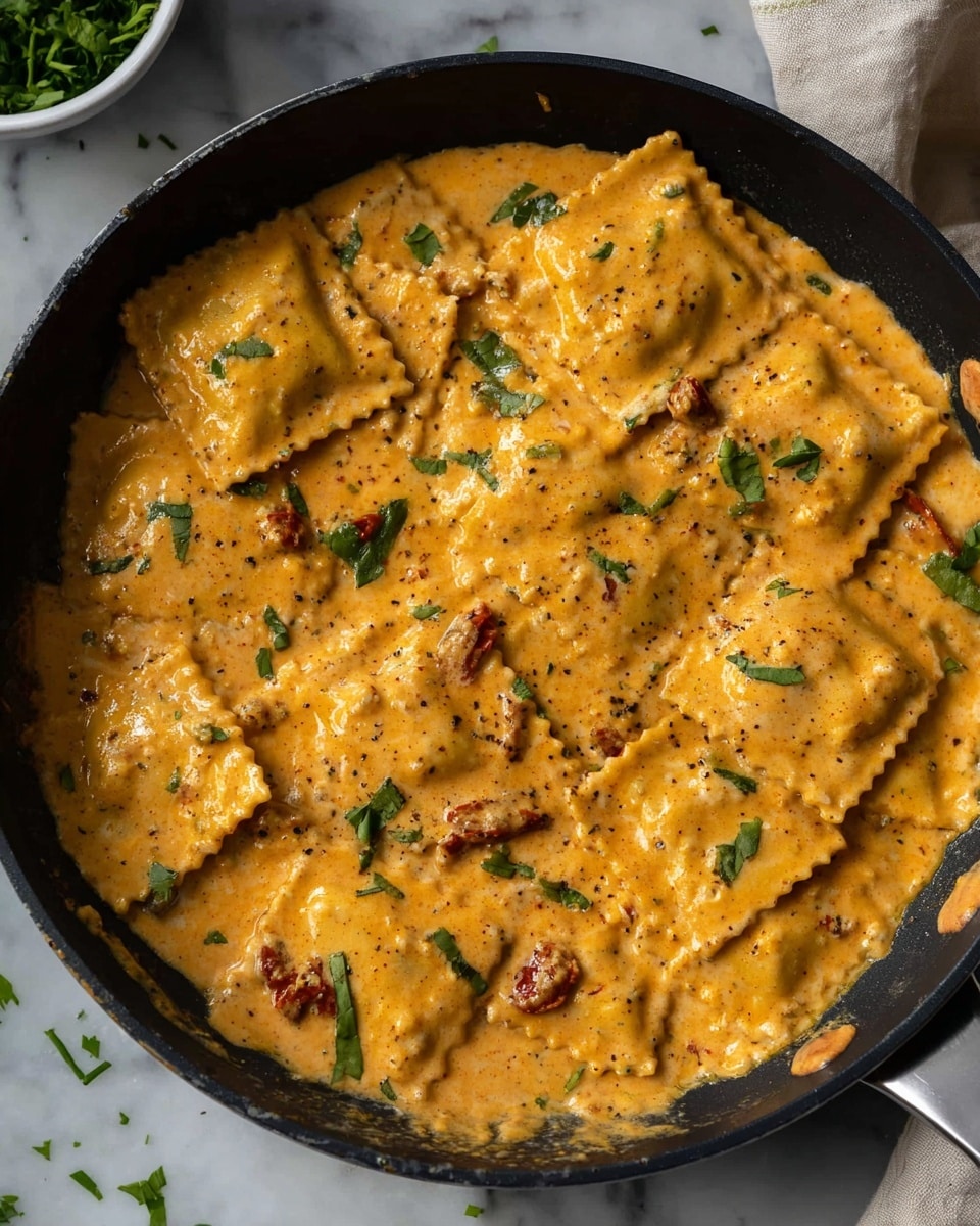 This image shows a black pan filled with about two layers of square ravioli pasta covered in a thick, creamy orange sauce. The sauce has a smooth texture with small flecks of black pepper and fresh green herbs scattered throughout. Small pieces of red sun-dried tomato are mixed in, adding pops of color. The pan sits on a white marbled surface with bits of chopped green herbs around it. Photo taken with an iphone --ar 4:5 --v 7