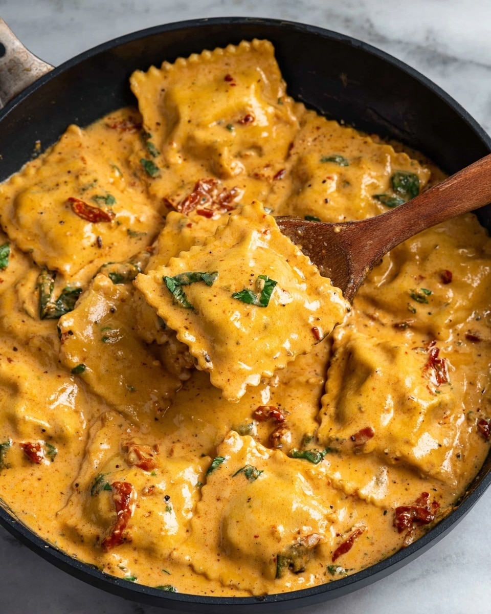 A wooden spoon lifts two square ravioli pieces covered in thick, creamy orange sauce speckled with black pepper, bits of green spinach, and small red sun-dried tomato pieces. The ravioli have a crimped edge and are fully coated in the sauce, which is smooth and rich. The background shows more ravioli in the same sauce, with visible spinach leaves and tomato pieces scattered throughout, resting on a surface with a white marbled texture. The photo taken with an iphone --ar 4:5 --v 7