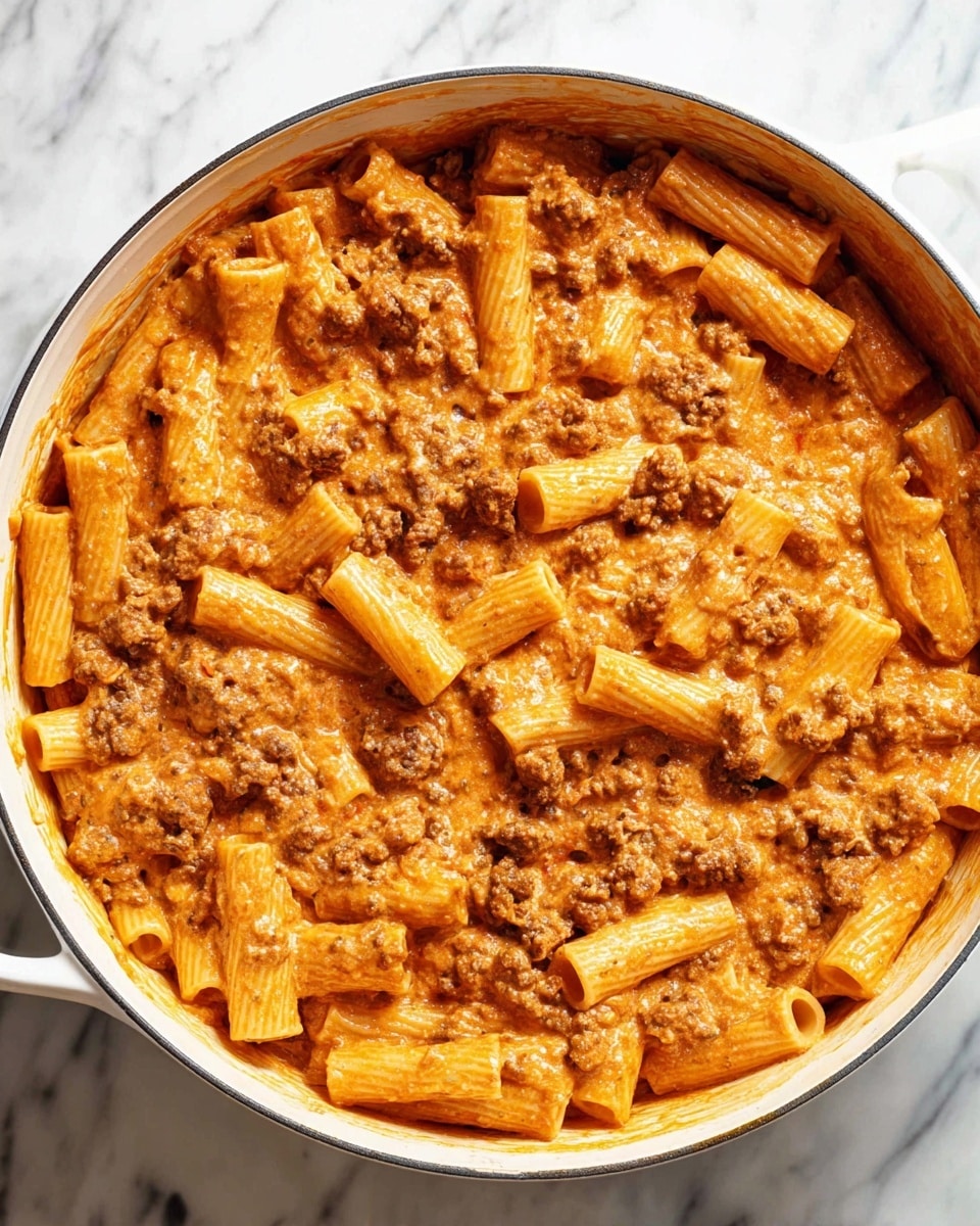 The image shows a close-up of rigatoni pasta mixed with a rich, red-orange tomato sauce with small pieces of ground meat. The pasta tubes are ribbed and coated evenly with the thick sauce, inside a shiny, silver metal pot. A wooden spoon is partially buried in the pasta, its light brown texture visible with some sauce stuck to it. The pot sits on a dark base, with the inside walls splattered lightly with the same sauce. photo taken with an iphone --ar 4:5 --v 7
