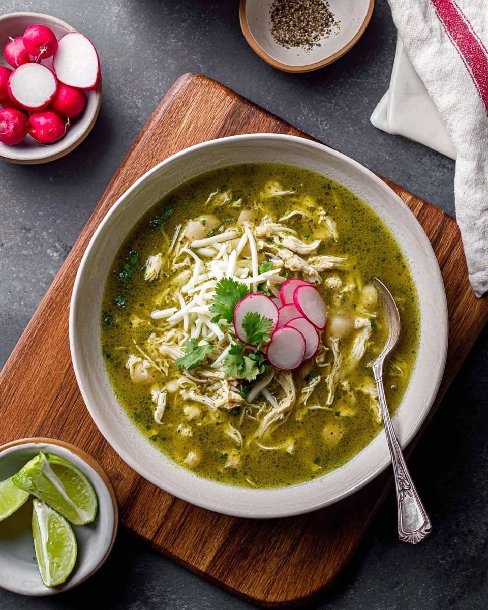 The image shows a large white bowl filled with green soup that has shredded chicken and small white pieces, likely hominy, mixed in. On top of the soup, there is a small pile of thin white shredded cabbage garnished with three thin, round pink-edged radish slices and a few small green cilantro leaves. A silver spoon rests inside the bowl on the right side. The bowl is placed on a wooden cutting board, set on a dark surface. Around the bowl, there are two smaller white bowls—one with sliced radishes and the other with lime wedges—as well as a small plate with pepper. A white cloth with a red stripe is partially visible in the upper right corner. The background is a white marbled texture photo taken with an iphone --ar 4:5 --v 7