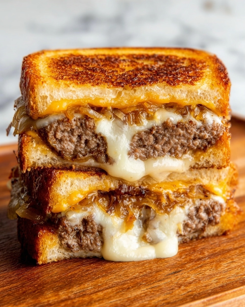 A close-up image of a stacked grilled cheese burger sandwich with three layers. Each layer has toasted golden brown bread on top and bottom, melted orange-yellow cheese with a smooth texture, and cooked ground beef with a slightly crumbly and juicy texture in the middle. The sandwich sits on a wooden board on a white marbled surface. A woman's hand partly holds the sandwich from the side. The photo taken with an iphone --ar 4:5 --v 7