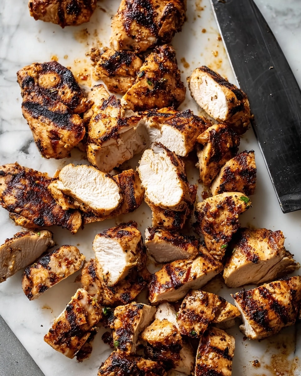 The image shows many pieces of cooked chicken with a grilled look, scattered on a white marbled surface. Each piece has a golden brown color with dark char marks on the outside, and the inside shows a light, cooked white texture. The chicken pieces are uneven in size and shape, showing some thick and some thin slices. A large black knife lies on the right side of the chicken pieces, resting on the white marbled surface. The whole scene has a rustic and warm tone, highlighting the grilled chicken's texture and color. photo taken with an iphone --ar 4:5 --v 7