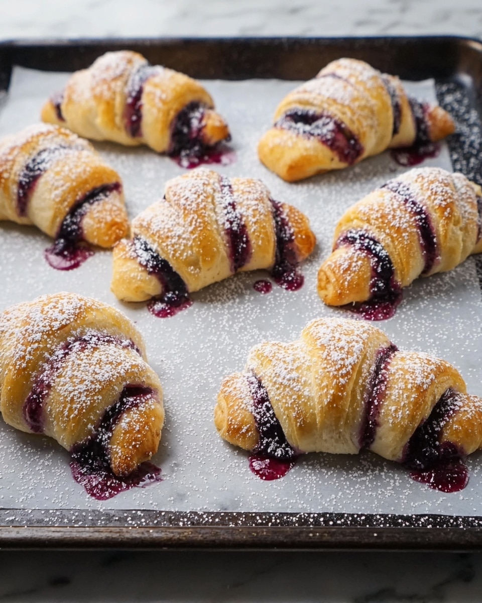 The image shows golden brown crescent-shaped pastries on a white parchment-lined baking tray. Each pastry has visible layers of dough wrapped with vibrant purple filling that seeps out and bubbles a little on the sides. A light dusting of fine white powdered sugar covers the tops, adding a soft texture contrast. The pastries are set in neat rows on the sheet, and the background surface is a white marbled texture. photo taken with an iphone --ar 4:5 --v 7