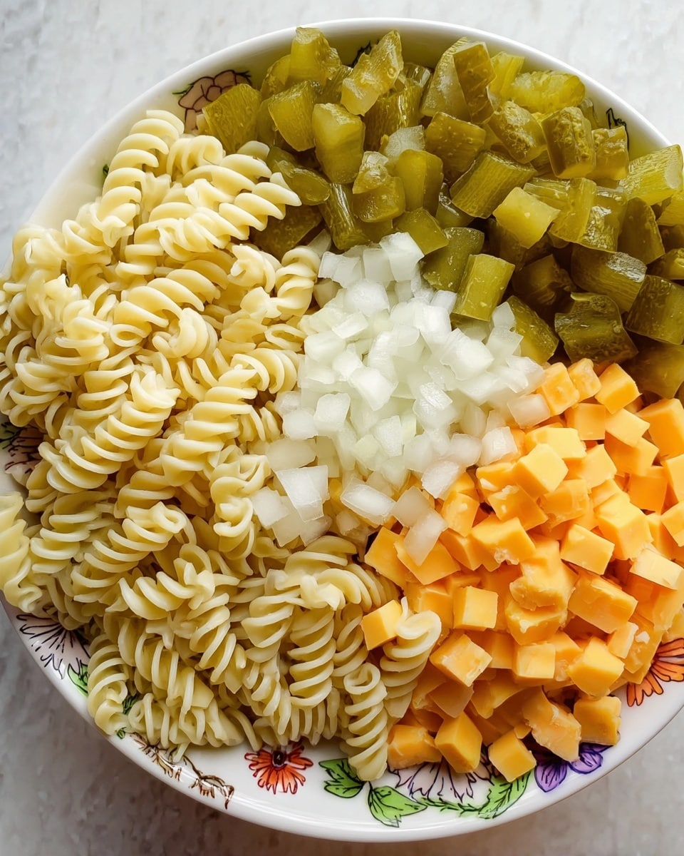 The image shows a white bowl with colorful designs on the rim filled with four main ingredients arranged in separate sections. The bottom left section has a layer of spiral-shaped pasta pieces in a pale yellow color. Above this, there is a small pile of finely chopped white onions. To the right of the onions and pasta, there is a large section of diced green pickles, their pieces small and shiny. Next to the pickles is a mound of small cubes of orange and white marbled cheese, tightly packed. The bowl sits on a white marbled surface. photo taken with an iphone --ar 4:5 --v 7