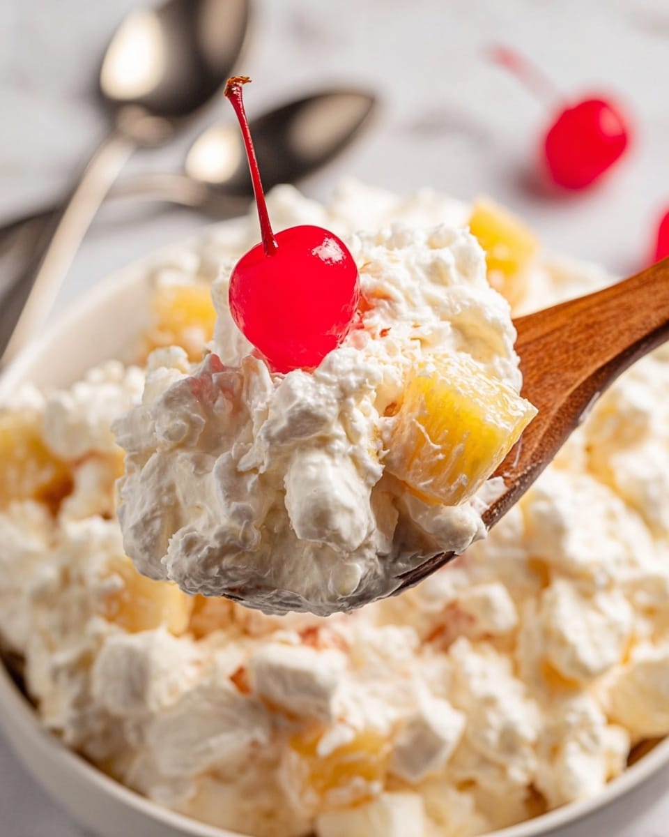 A close-up of a wooden spoon lifting a creamy fruit salad from a white bowl filled with the same creamy mixture, consisting of small white marshmallows, pale yellow pineapple chunks, and light cream-colored whipped texture, with a bright red cherry on top as a garnish. The background is a white marbled texture with blurred silver spoons on the side. photo taken with an iphone --ar 4:5 --v 7