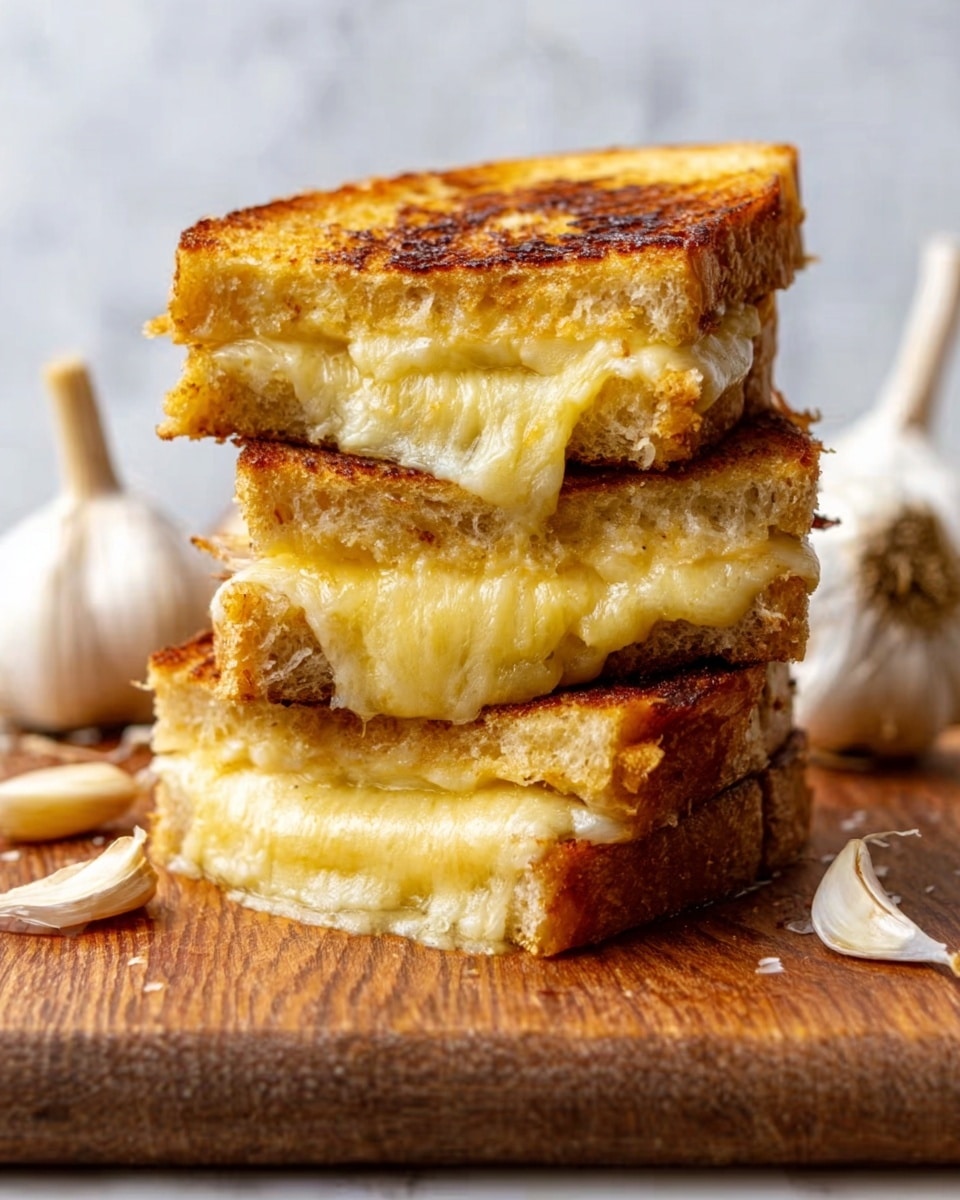 The image shows a stack of three grilled cheese sandwiches placed on a wooden board. Each sandwich is toasted golden brown on the outside with melted light yellow cheese oozing out between the slices. The sandwiches have a slightly crispy texture on the edges. The background is a white marbled surface with garlic bulbs scattered around the board. The photo taken with an iphone --ar 4:5 --v 7