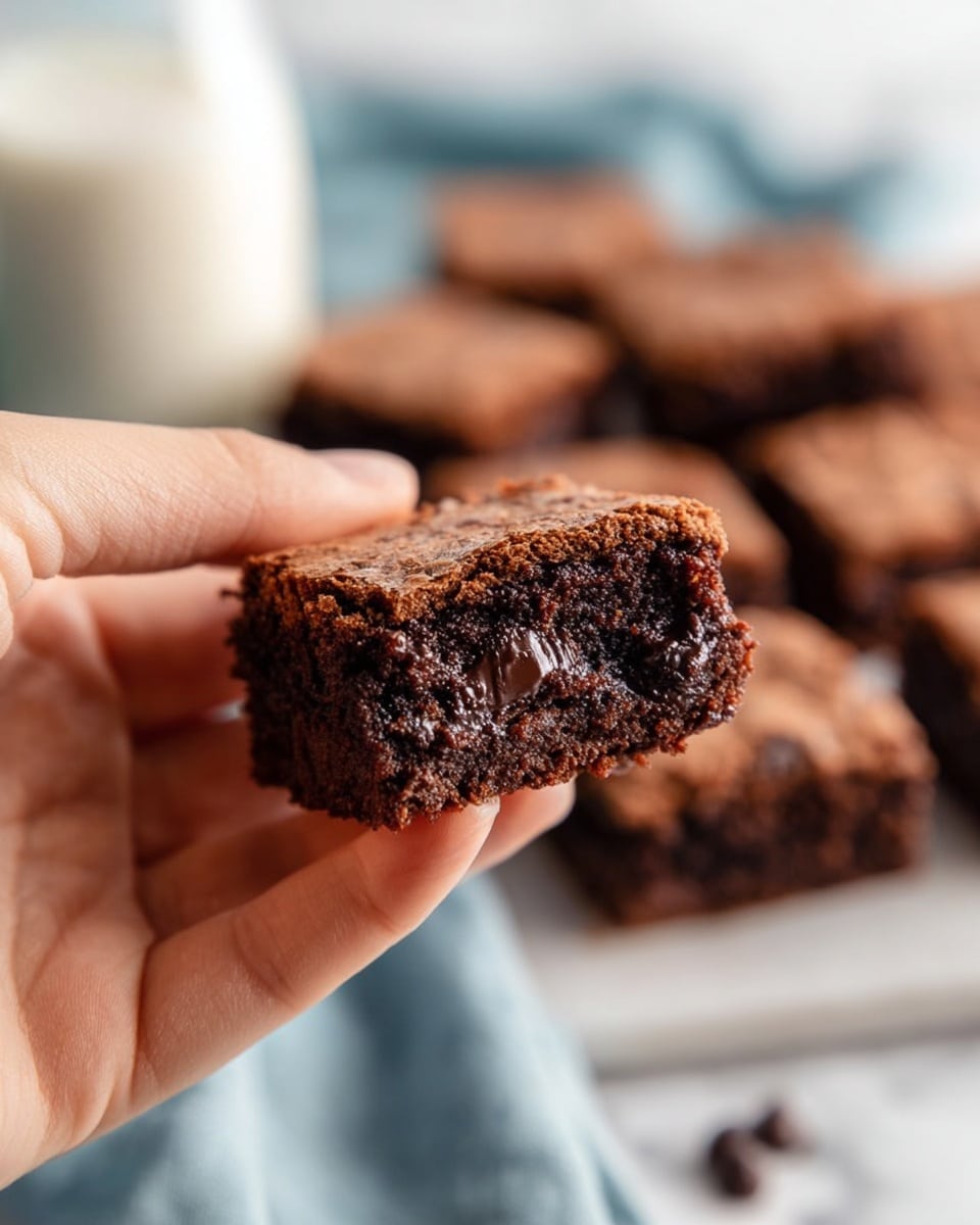 A close-up of a stack of three chocolate brownies, each showing a cracked, dry top layer with a rich, dark brown color. The top two brownies reveal a dense, moist, and shiny chocolate center that looks soft and fudgy, while the bottom brownie shows a consistent dry texture on top. The edges of the brownies have a slightly crumbly look, with rough, uneven corners. The background is a white marbled texture. photo taken with an iphone --ar 4:5 --v 7