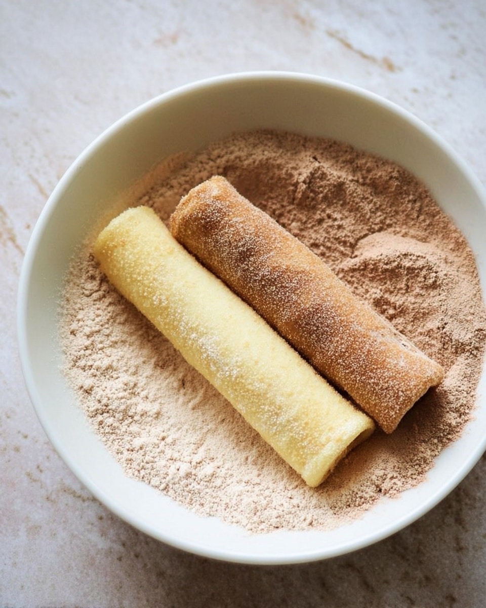 The image shows two rolled food pieces lying side by side in a white bowl filled with fine light brown powder. The piece in front is a pale yellow color with a soft texture, while the piece behind it is a golden brown with a slightly crispy appearance and dusted with the same powder. The bowl sits on a surface with a white marbled texture. Photo taken with an iphone --ar 4:5 --v 7