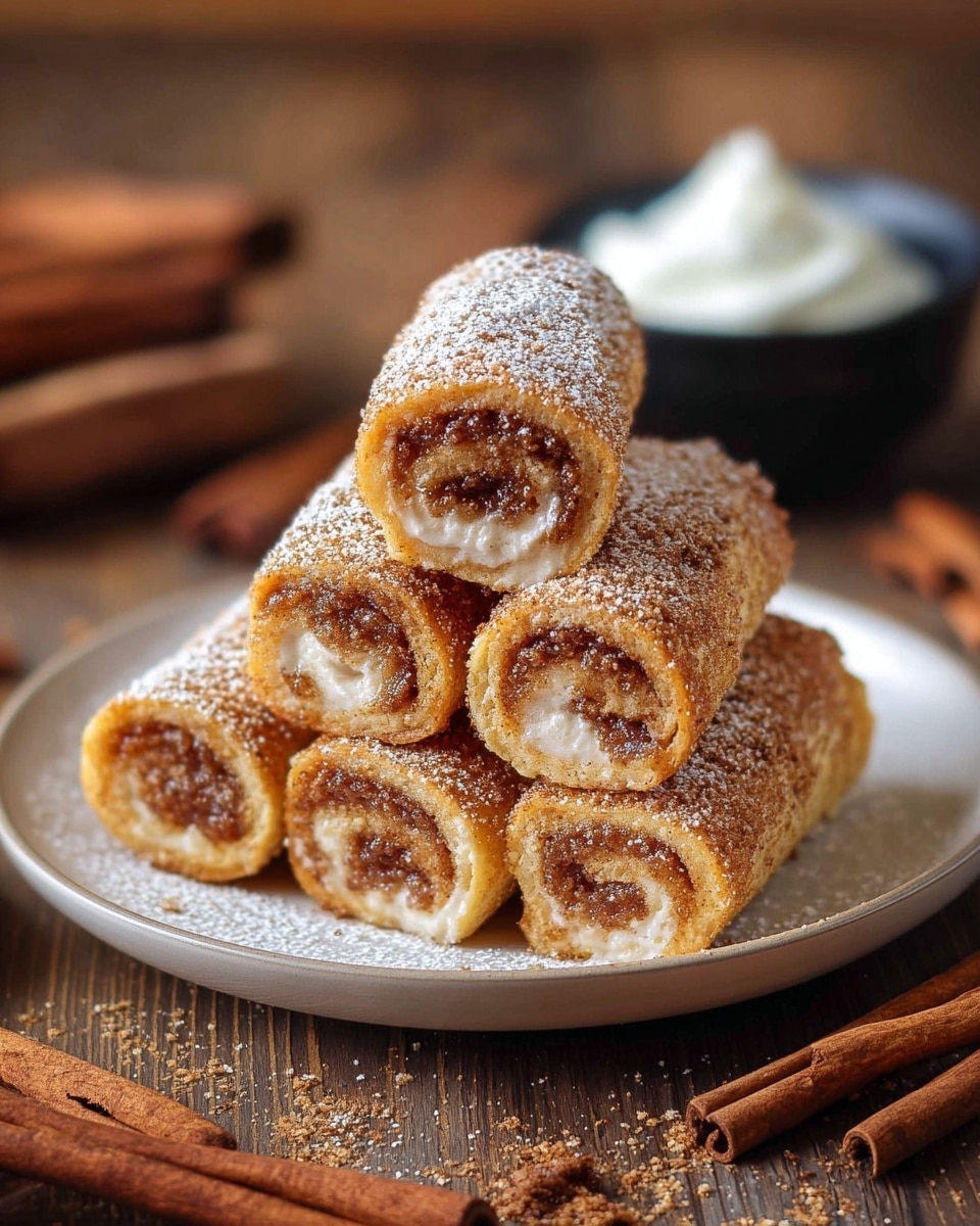 The image shows five rolled pastries stacked in a pyramid on a white plate, each roll golden brown with a visible cinnamon sugar filling spiraled inside. The outer layer is dusted with a mix of powdered sugar and cinnamon, creating a slightly rough texture. The plate is placed on a wooden surface with cinnamon sticks resting around it. In the background, there is a small black bowl with white cream, slightly blurred. The overall scene has warm tones and a cozy feel. photo taken with an iphone --ar 4:5 --v 7