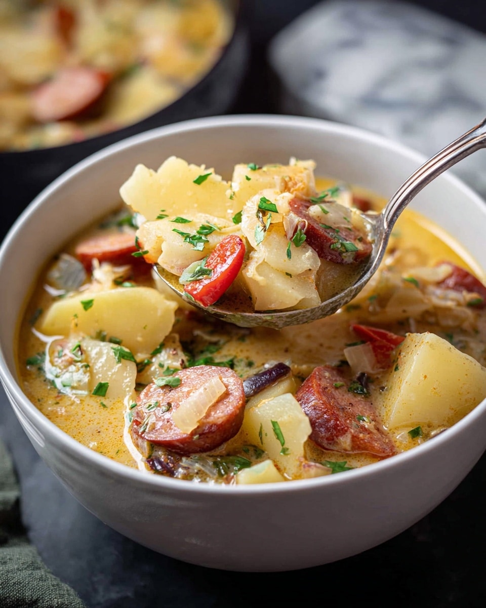 A white bowl filled with thick soup containing large chunks of light yellow potatoes, slices of reddish-brown sausage, and small pieces of translucent onion and red pepper, with sprinkled green herbs on top. A metal ladle is lifting a serving of the soup, showing the same ingredients in detail. The bowl sits on a dark surface with a white marbled texture in the background. Photo taken with an iphone --ar 4:5 --v 7