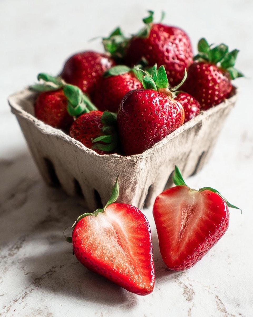A small rough-textured carton filled with bright red strawberries, their green leafy tops adding a fresh contrast, resting on a white marbled surface; in front of the carton, two strawberry halves show their juicy, red inner flesh with tiny seeds, creating a mix of shiny smooth and slightly bumpy textures. photo taken with an iphone --ar 4:5 --v 7