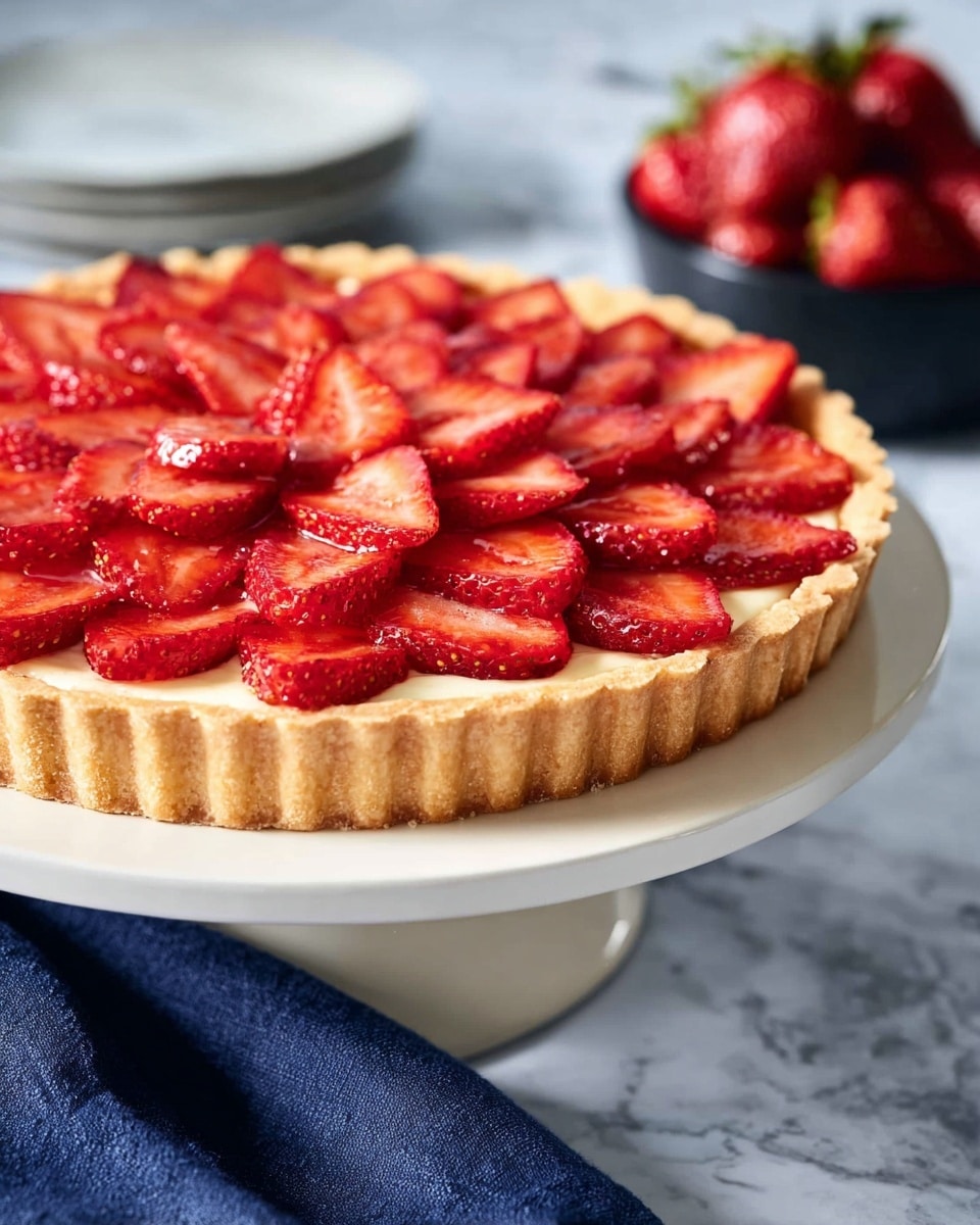 A strawberry tart is shown with three visible layers on a white cake stand. The bottom layer is a light golden-brown crust with a crisp, slightly crumbly texture and raised, fluted edges. Above the crust is a smooth pale yellow cream layer that looks soft and thick. The top layer has fresh strawberry slices arranged closely in overlapping rows, showing their bright red color with shiny surfaces and tiny seeds visible. In the blurred background, there is a black bowl filled with whole strawberries. The tart is placed on a white marbled surface with a dark blue cloth nearby. Photo taken with an iphone --ar 4:5 --v 7