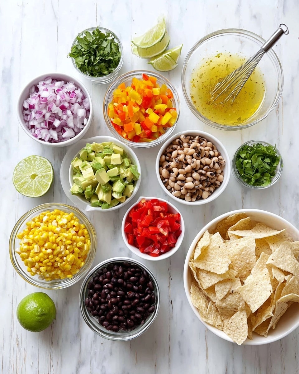 The image shows a group of small white bowls and glass bowls arranged on a white marbled surface. There are ten bowls in total, each with a different ingredient: diced red onion, diced orange bell pepper, diced avocado, chopped green chili, black-eyed peas, black beans, corn kernels, chopped cilantro, diced red tomatoes, and a clear bowl with a yellow dressing and a whisk inside. Beside the bowls, there is a whole lime and half a lime. To the right, there is a large white bowl filled with light-colored tortilla chips. The colors of the ingredients are bright and fresh, and the bowls are neatly placed in a loose circle. photo taken with an iphone --ar 4:5 --v 7