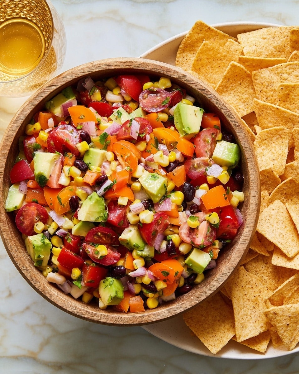 A round wooden bowl is full of a colorful salad made of chopped layers including bright red cherry tomato halves, light green avocado cubes, yellow corn kernels, small black and white beans, orange bell pepper pieces, and small bits of red onion with green herbs mixed throughout. The bowl sits on a white plate which also holds many light brown crunchy tortilla chips around the salad. The scene is set on a white marbled surface with a glass of golden liquid nearby. photo taken with an iphone --ar 4:5 --v 7