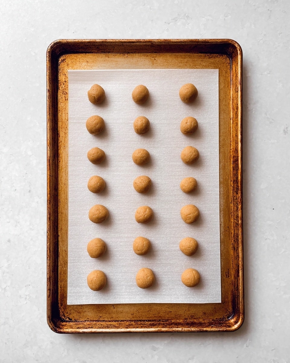 A metal baking tray with a worn golden-brown patina holds a sheet of white parchment paper neatly folded in the center, laying flat. On the paper are 20 small, round dough balls evenly spaced in four vertical columns, each ball smooth and light brown in color with a firm texture. The tray rests on a white marbled textured surface that adds brightness and contrast to the scene. The image is bright and clear, showing the simple preparation stage of a baked treat photo taken with an iphone --ar 4:5 --v 7