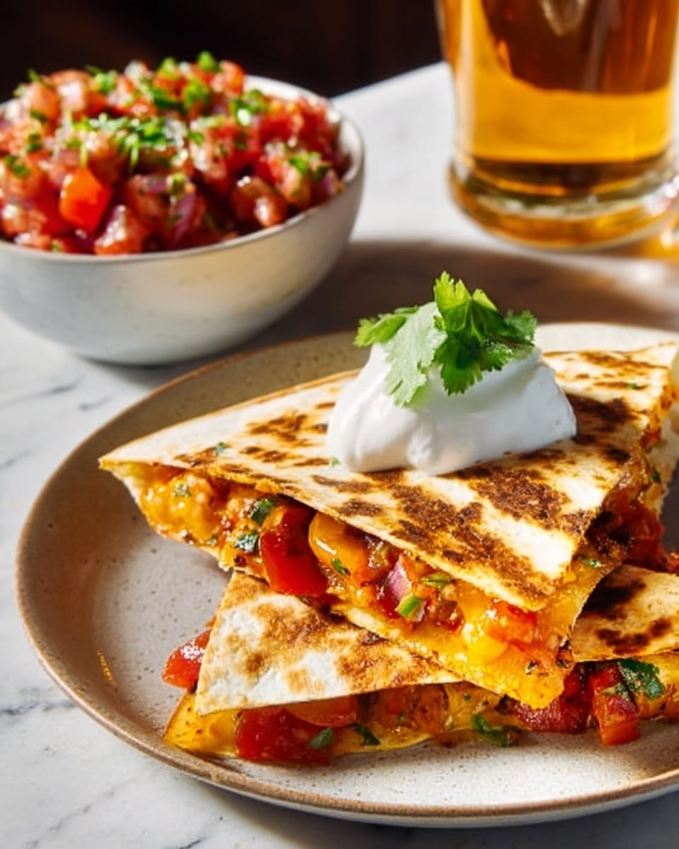 A white plate holding a quesadilla cut into six triangular pieces with a slightly browned, soft texture and melted cheese inside. On the side, there are two small wooden bowls, one filled with chunky red salsa containing diced tomatoes, onions, and herbs, and another bowl with smooth white sour cream. A yellow cloth napkin is partially visible in the corner, placed on a white marbled surface. A woman's hand is holding one of the quesadilla slices. photo taken with an iphone --ar 4:5 --v 7