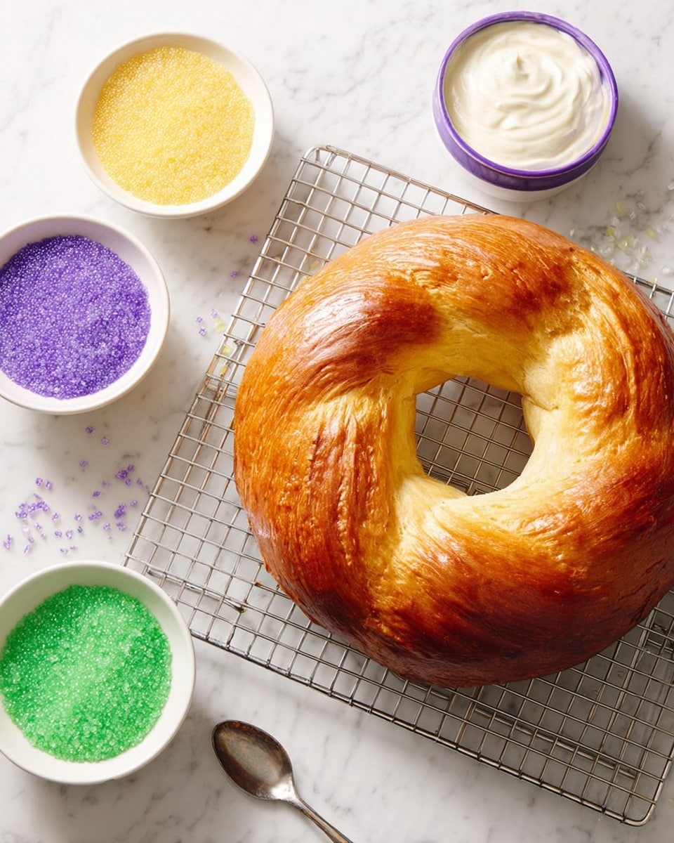 A round bread with a shiny golden-brown crust and a smooth texture sits on a cooling rack. Surrounding the bread are four small white bowls; one holds yellow sugar crystals, another purple sugar crystals, the third green sugar crystals, and the last white creamy icing in a white bowl with a purple rim. A silver spoon rests near the bowls on a white marbled surface. Photo taken with an iphone --ar 4:5 --v 7