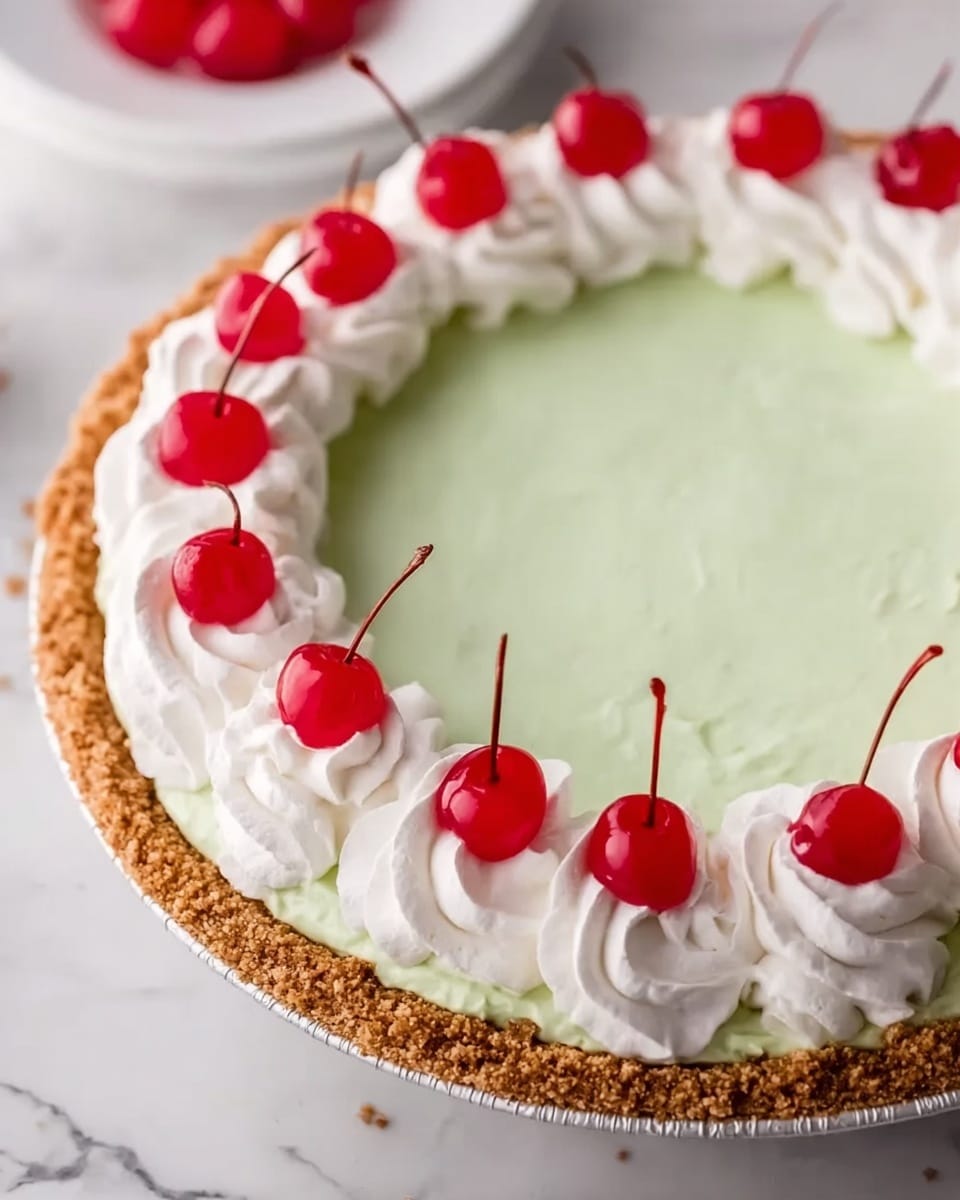 The image shows a pie with three visible layers. The bottom layer is a light brown crumb crust forming the base and edges, thick and rough in texture. The middle layer is smooth and creamy with a pale green color, evenly spread inside the crust. The top layer is a ring of white whipped cream piped thickly around the edge of the pie. On top of the whipped cream, there are evenly spaced, bright red cherries with stems, adding a pop of color. The pie is placed on a white marbled surface. photo taken with an iphone --ar 4:5 --v 7