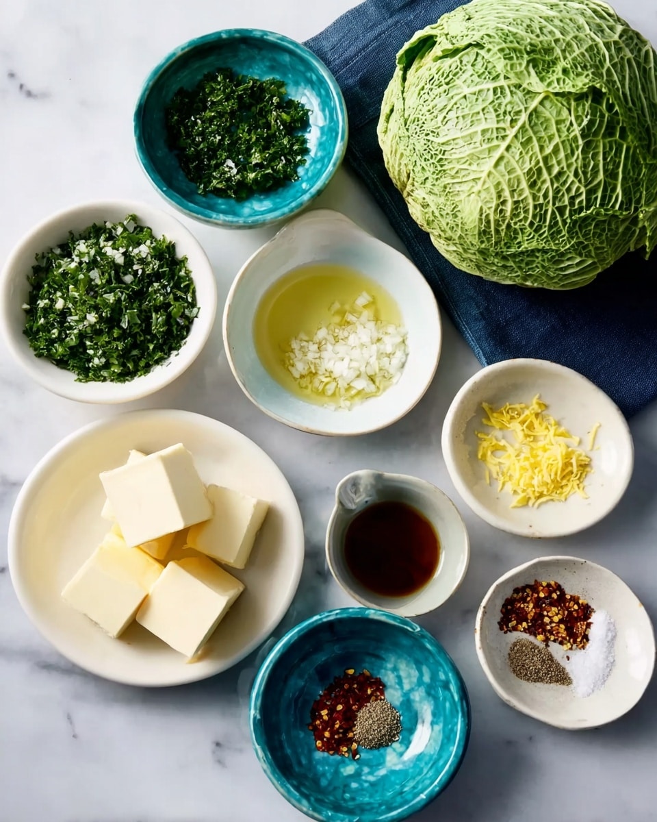 The image shows a white marbled surface with various small white bowls and blue bowls arranged in a semi-circle. On the top right, there is a large green leafy cabbage resting partly on a dark blue cloth. The white bowls hold finely chopped green herbs, minced garlic, lemon juice, and a dark brown liquid. The blue bowls contain three cubes of butter, bright yellow lemon zest, red chili flakes, and a mix of salt and black pepper. The textures vary from smooth liquids to finely chopped herbs and soft butter cubes, all neatly presented with a clean and fresh look. Photo taken with an iphone --ar 4:5 --v 7