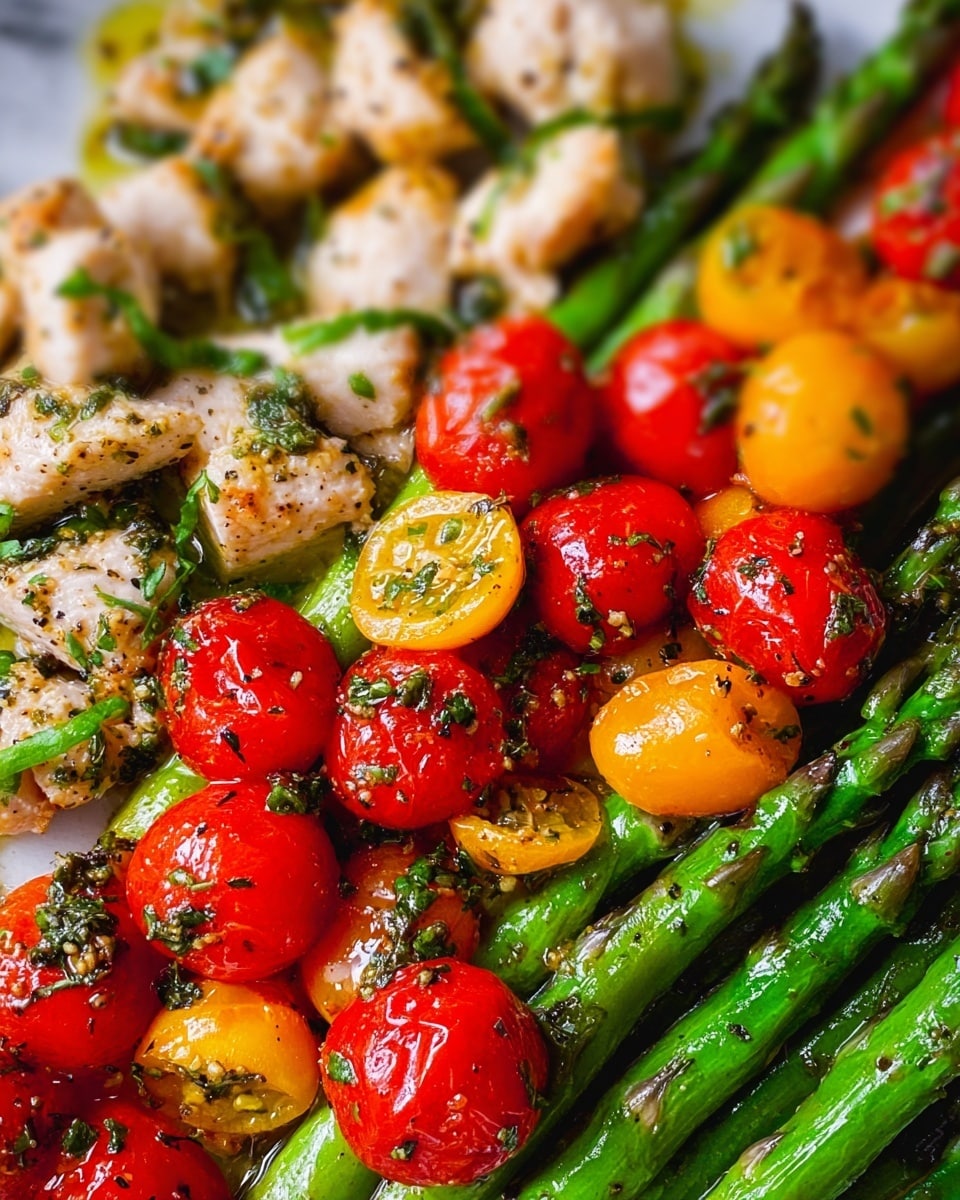 The image shows a close-up of a dish with two main layers: the top half is made up of small white pieces of cooked chicken mixed with red and yellow halved cherry tomatoes, all coated with herbs and seasoning, giving it a speckled look. The bottom half consists of bright green roasted asparagus spears, scattered with more red and yellow cherry tomato halves, some whole, creating a contrast of colors and textures. The food is set against a white marbled surface. photo taken with an iphone --ar 4:5 --v 7