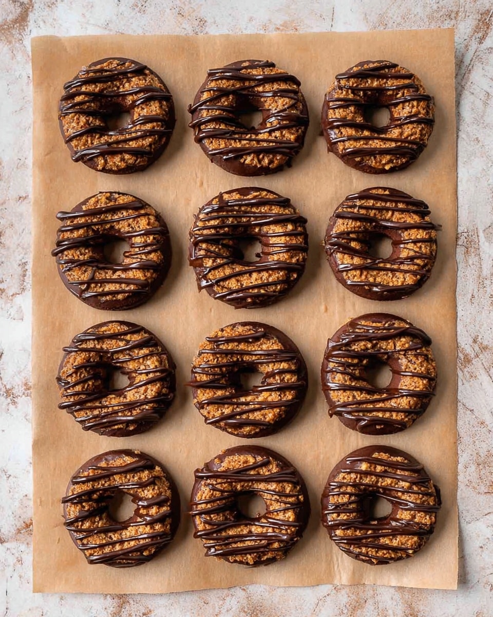 Twelve round donuts are placed in a grid of three rows and four columns on a piece of brown parchment paper over a white marbled surface. Each donut has two layers: the bottom layer is dark brown with a smooth texture, and the top layer is a golden-brown with a crunchy, nutty texture. A shiny dark chocolate drizzle in thin stripes covers each donut from one side to the other, adding contrast and decoration. The donuts are evenly spaced with no other objects around them. photo taken with an iphone --ar 4:5 --v 7