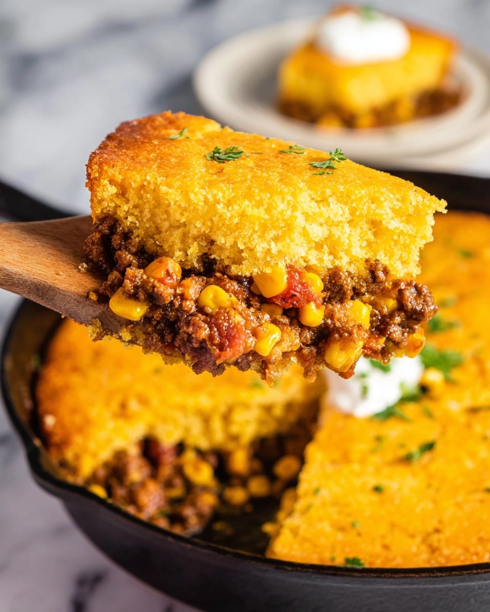 A piece of cornbread casserole is shown on a wooden spoon, lifted above a black cast iron pan filled with the same dish. The casserole has two layers: the top layer is golden yellow cornbread with a slightly browned crust, and the bottom layer is a mix of browned ground meat, yellow corn kernels, and bits of red tomatoes, all soft and juicy. In the background, there is a white plate with a slice of the casserole topped with a dollop of white sour cream. The surface under the pan has a white marbled texture. photo taken with an iphone --ar 4:5 --v 7