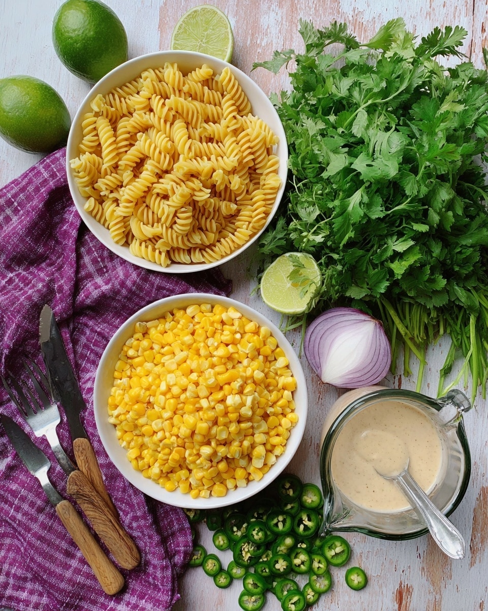The image shows a flat layout on a white marbled surface with a white bowl filled with yellow rotini pasta placed at the top left. Below and slightly to the right, there is a white bowl filled with bright yellow corn kernels. To the right of the bowls, there is a bunch of fresh green cilantro spilling over. A half-moon shaped slice of red onion rests near the cilantro. In the bottom right corner, a clear glass measuring cup holds a light beige sauce with a metal spoon inside. Around these items, there are chopped green jalapeños and lime wedges scattered on a purple checkered cloth. Two wooden utensils—a fork and a spoon—are placed near the bottom left side. photo taken with an iphone --ar 4:5 --v 7