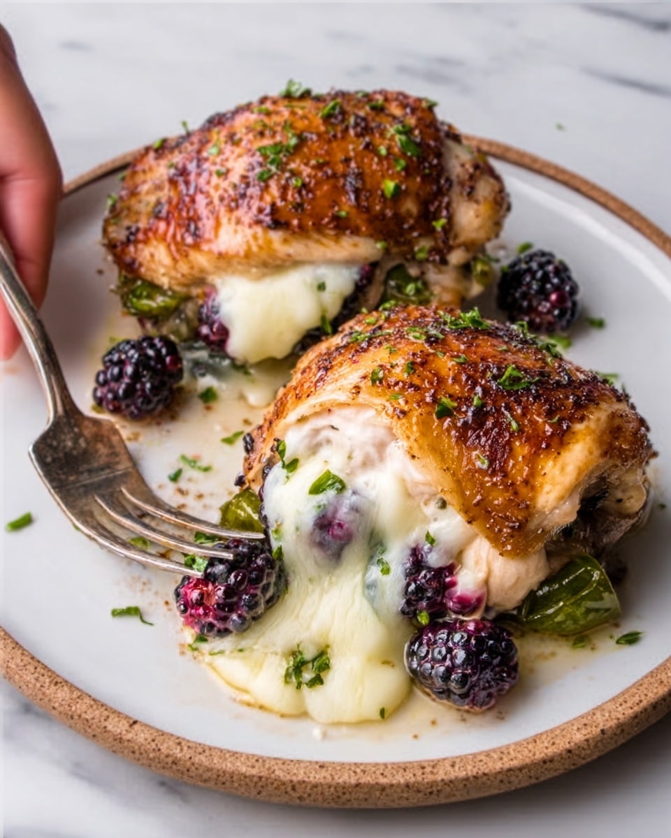 The image shows two stuffed chicken thighs on a white plate, set on a white marbled surface. Each chicken thigh is golden-brown and crispy on top, covering a filling of melted creamy white cheese, green jalapeño slices, and whole blackberries. The cheese looks soft and smooth, oozing out from inside the chicken. The blackberries add a deep purple-black color, contrasting with the bright green jalapeño pieces. Small bits of green herbs are sprinkled on the chicken skin, adding a fresh touch. A woman's hand is holding a fork near the top left corner, ready to take a bite. photo taken with an iphone --ar 4:5 --v 7