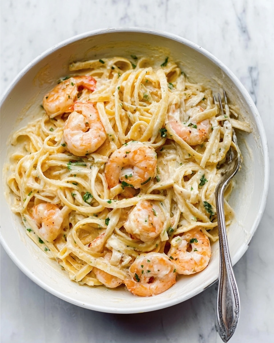 A close-up view of a black fork lifting a swirl of creamy spaghetti pasta from a bed of noodles. The spaghetti is thickly coated in a smooth, light-colored sauce with a slightly glossy texture. Small pieces of pink shrimp are nestled among the pasta strands, adding a soft contrast in color. The background shows more of the creamy pasta, all resting on a white marbled surface. photo taken with an iphone --ar 4:5 --v 7