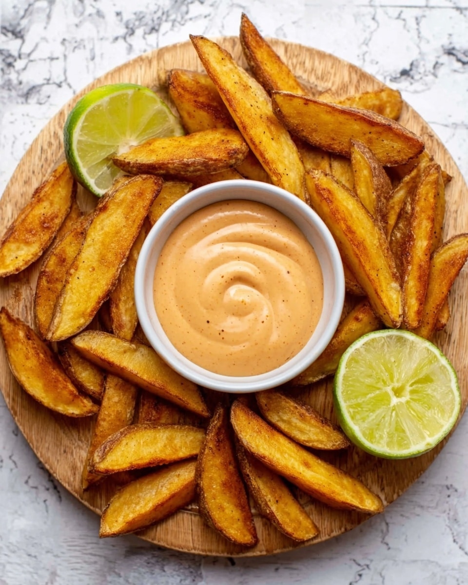 A round wooden board sits on a white marbled surface, filled with thick, golden-brown potato wedges arranged in a loose circle around a small white bowl of smooth, light orange dipping sauce placed at the center. A lime wedge rests on the wooden board to the left side of the bowl, and a halved lime sits at the bottom right edge of the board. The potato wedges have crispy edges and a slightly rough texture, showing some darker spots from cooking. photo taken with an iphone --ar 4:5 --v 7