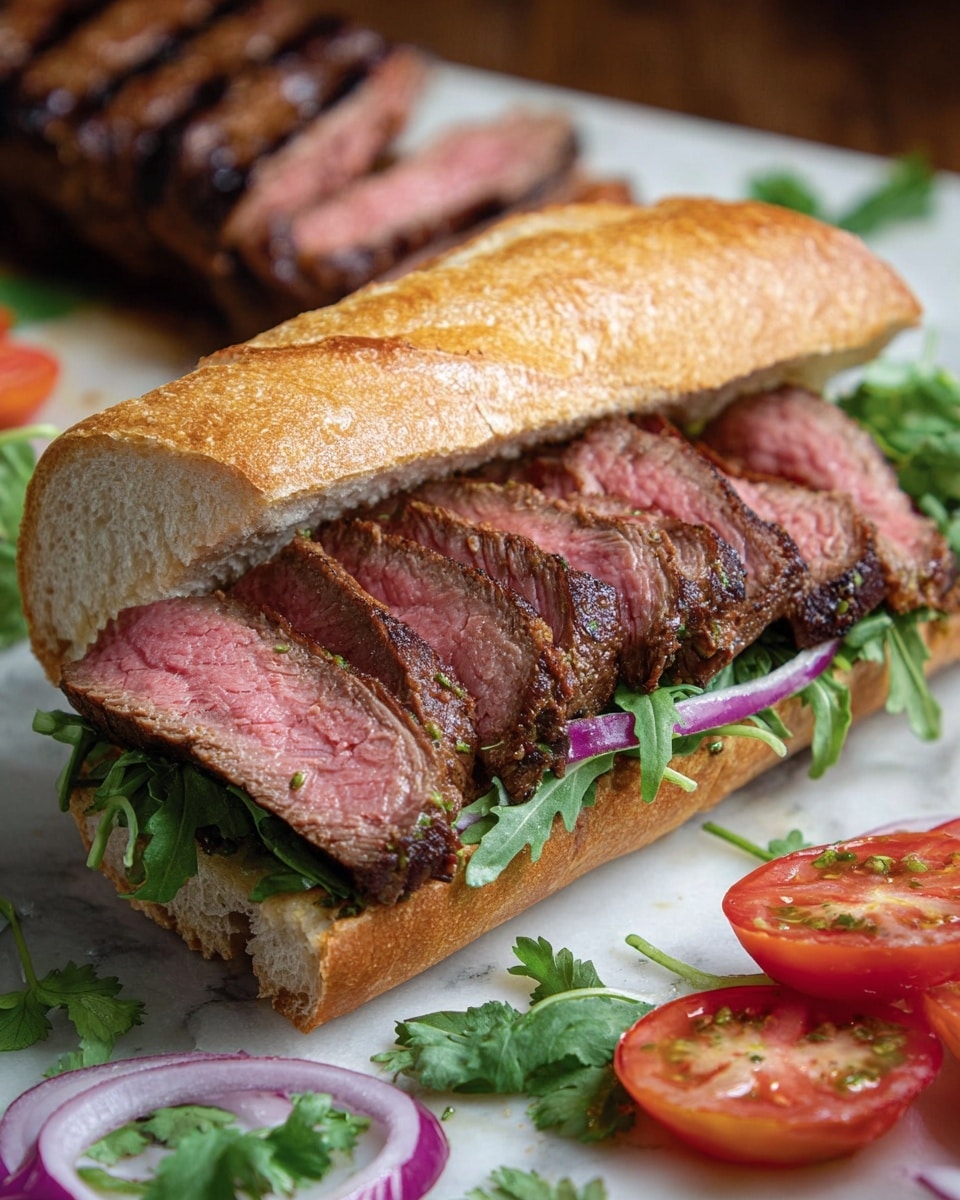 A sandwich is made with a white baguette sliced open, holding several thick slices of pink, cooked steak layered on top. Beneath the steak, there is a layer of green leafy arugula and some red onion slices, all inside the baguette. The sandwich sits on a white marbled surface with some loose tomato wedges, a ring of red onion, and sprigs of fresh cilantro around it. The background shows the remaining part of the baguette and a grilled steak, slightly blurred. Photo taken with an iphone --ar 4:5 --v 7