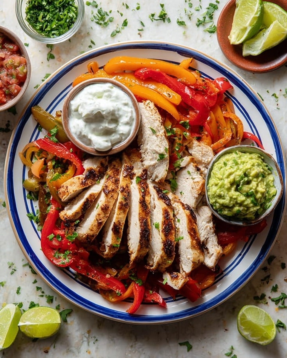 The dish shows a white plate with blue lines around the edge, filled with layers of cooked sliced chicken on top of a bed of sautéed bell peppers in red, orange, and green colors. There are three small bowls on the plate: one with sour cream, another with chunky red and green salsa, and the third with green guacamole. Small lime wedges are placed next to the plate. The plate sets on a white marbled surface with some scattered chopped herbs around, adding fresh green spots. photo taken with an iphone --ar 4:5 --v 7